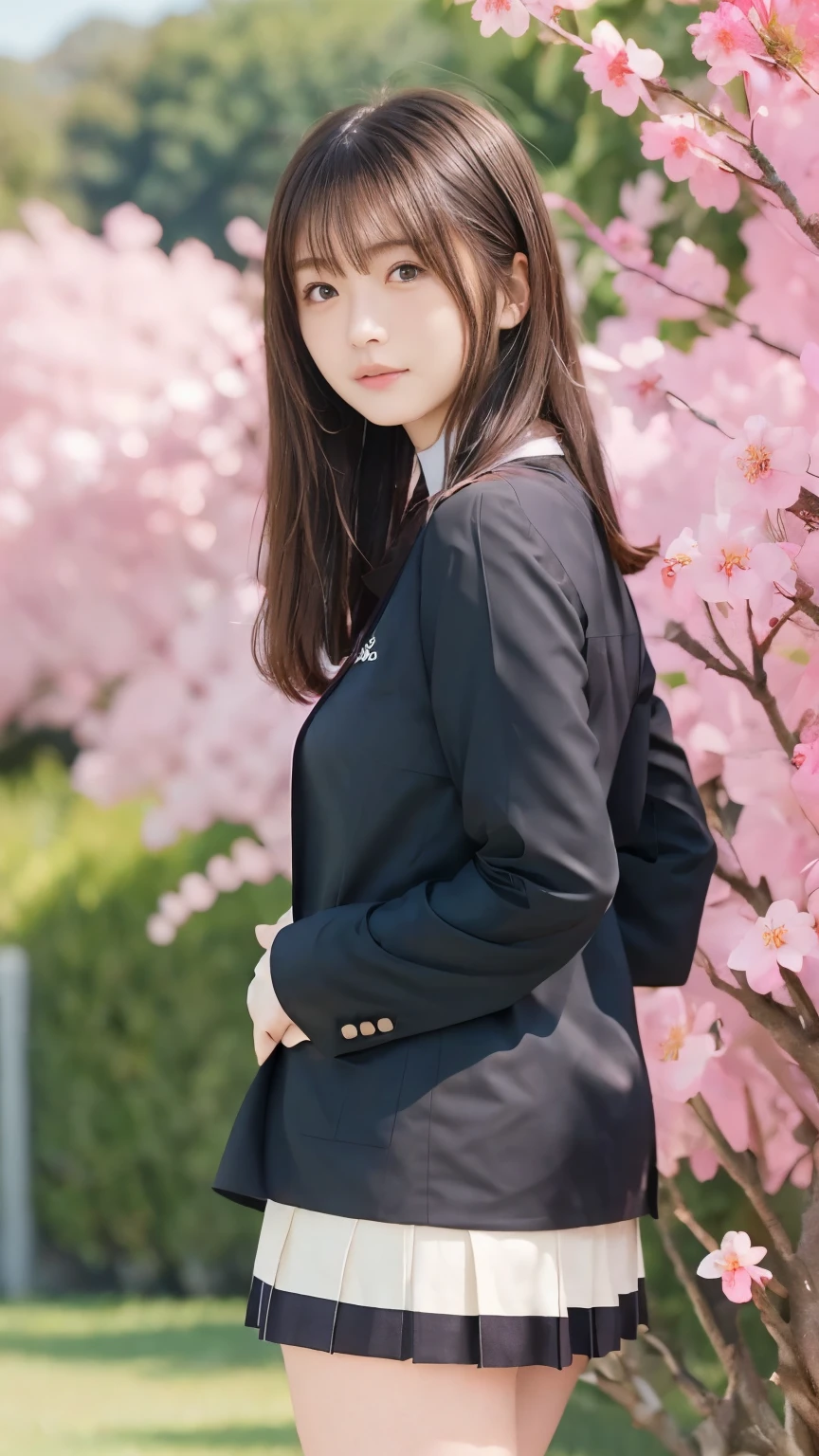 Real 8K high quality image 、 Large cherry blossom trees line up on both sides for a long time、 Cute high school girl、In a super miniskirt and a cute uniform、Model body type that is not muscular、Beautiful white ripe skin 、 apply light makeup 、 Detailed Fingers 、