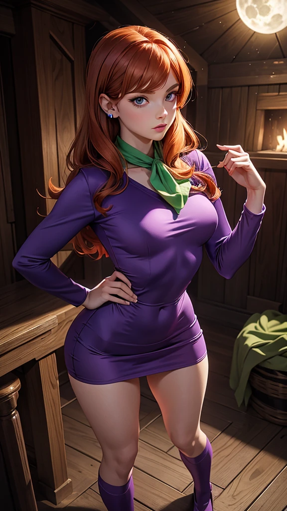 (realistic:1.3), insane detailed, quality, (masterpiece:1.2), (photorealistic:1.2), (best quality), (detailed skin:1.3), (intricate details), ray tracing, ((half body)), (((1girl))), (((1 person))), 20 years old, red hair, huge breast, bulge, purple tight dress, green shawl, hair band, (perfect fingers), bedroom, (blurry background)