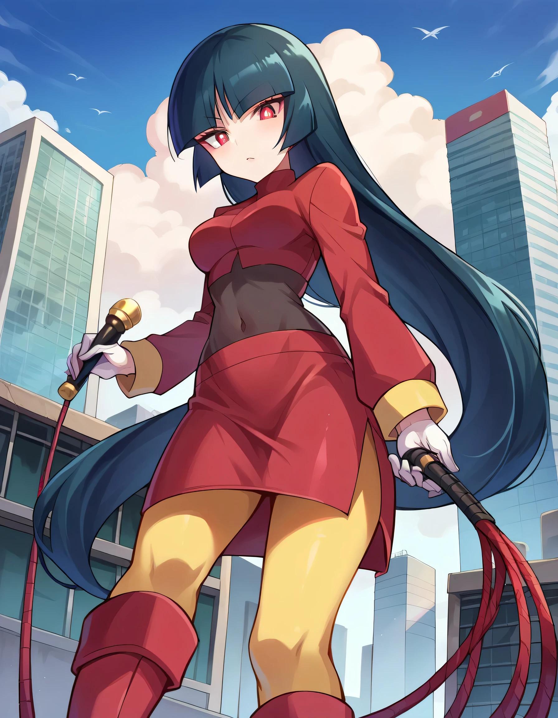 score_9, score_8_up, score_7_up, source_anime,
pokemonsabrina, pokemonsabrina, black hair, long hair, bangs, blunt bangs, red eyes, hime cut, sidelocks, white pupils,
jacket, crop top, bodysuit, covered navel, midriff, red jacket, turtleneck, side slit, gloves, white gloves, long sleeves, pantyhose, skirt, red skirt, boots, red boots, socks, yellow socks, knee socks,
outdoors, cityscape,
looking at viewer, from below, upskirt, panties,  whip, at her feet, trample, sadistic. Giantess (millions of miles tall)