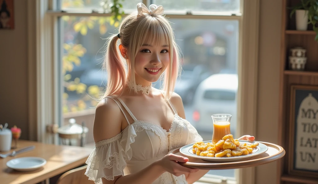 (Cute innocent white 12 year old), long blonde hair, flower on hair, blue eyes, ((huge massive round exposed breasts:1.3)), breasts out, pink nipples, breakfast, serving coffee to the viewer, early in the morning, smiling, (wearing erotic revealing floral sundress), having fun, happy, smiling, blushing, holding_tray, dining table,