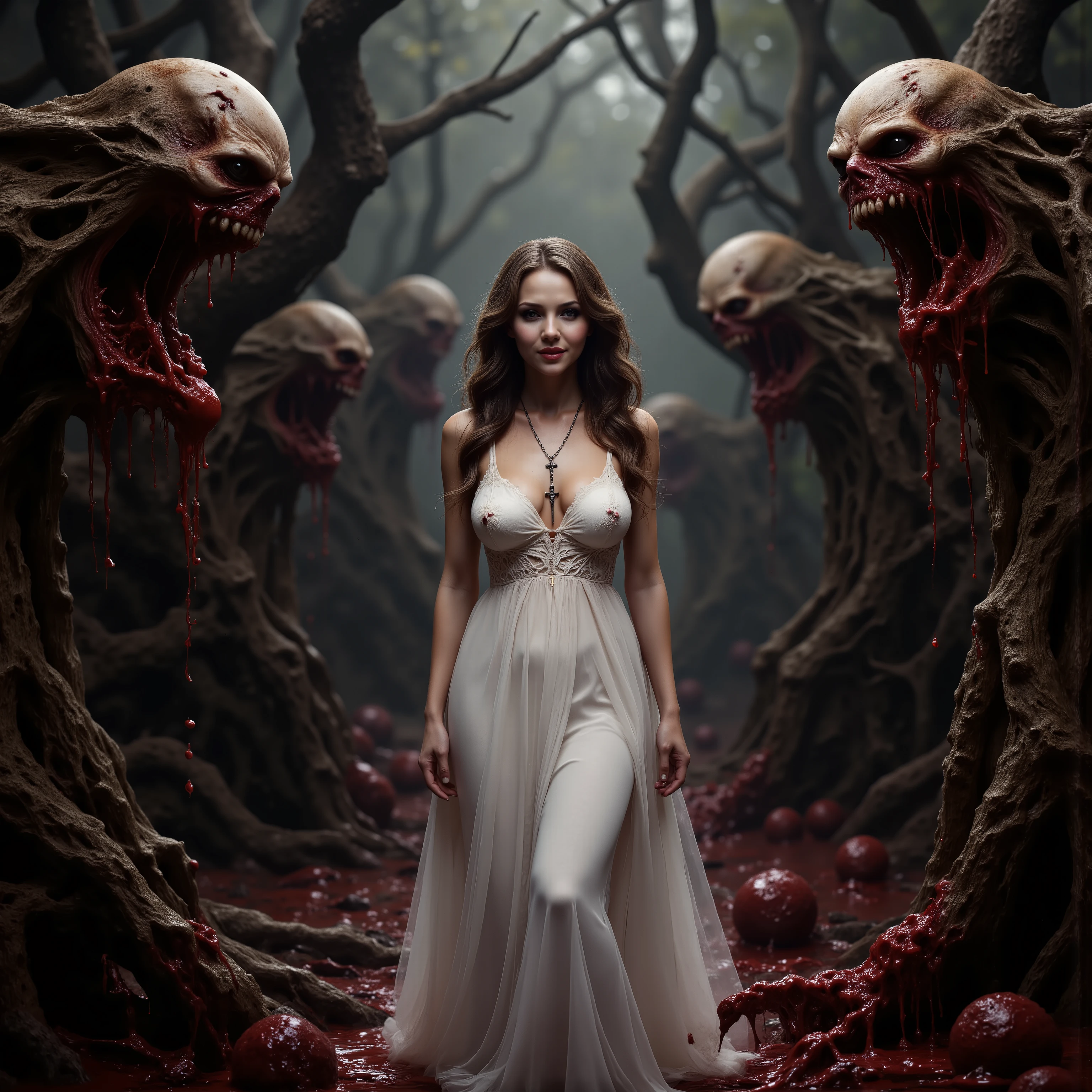 An extremely attractive young woman with very pale skin, a long white dress, makeup, black eyeshadow and dark red lipstick, very long light brown wavy hair, large breasts, stunningly beautiful face, Looking at viewer. Big smile.Wearing a crucifix necklace.Walking througha haunted forest of evil trees. Trees with demonic faces that are vomiting up thousands of gallons of blood and chunks of gore. The blood and chunks of gore fill in the spaces in between the tree's massive roots. Visually explicit and disturbing. Be sure to blend the color and texture of the tree's bark with the faces they have. There are no ears or eyes to be seen. Just big dark gaping holes in the trees like knots. Photo-realistic,ultra-detailed, realism,portrait photography,cinematic portrait, cinematic photography, UHDR, full focus, highest quality, cinematic lighting, highers,best quality,masterpiece, Breathtakingly Beautiful, cinematic lighting, cinematic photography, cinematic portrait, photorealistic, portrait photography, hyperrealism, ultra detailed, UHD, full focus, Awe inspiring, Stunning, Startling, Visually Intoxicating, Award Winning, Best quality, Masterpiece