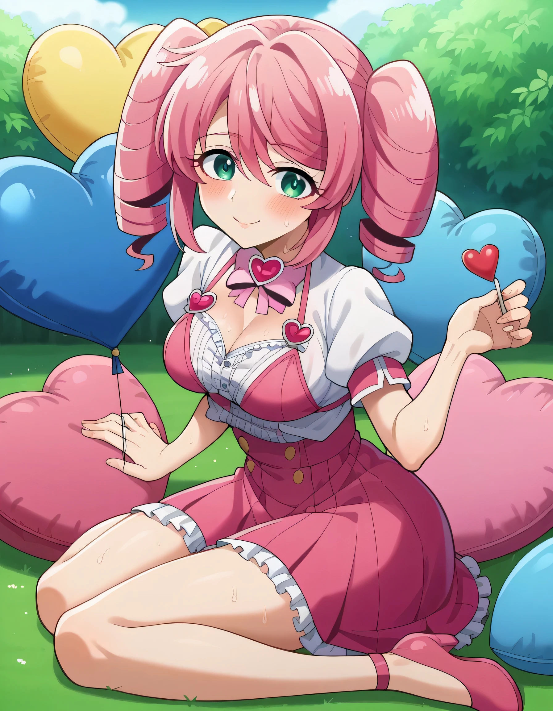 
1 girl, alone,  foreground, hadeando ,  green eyes smile,  pink hair , sweat, looking at the viewer ,  smile,  hair between the eyes, pelo de antena, Bangs, lace dress ,  sexy dress, sexy,  provocative, poses  provocatives, fondo de San valentin, Background with flowers, fondo rojo con hearts,  big boobs,  cup boobs giant boobs, marked neckline,  big buttocks,  blushed, sensual, sweat,  best resolution , 8K, bikini sexy, poses sexys,  short skirts, garters,  lace stockings ,  half translucent on her legs,  showing legs,  perfect fingers ,  perfect hands, fondo rojo San valentin, fondo rojo con hearts, muchos hearts, hearts gigantes detras,  box of chocolates , chocolate, hearts de fondo, hearts gigantes tras de ella,  sitting on a heart pillow , miles de hearts decorativos, Heart balloons, hearts,  vivid colors, Red in the background, rosado, cute, San valentin, muchos hearts, hearts de fondo, hearts flotando a su alrededor, hearts flotando, sueter rojo de San valentin, Petalos de Rosa 