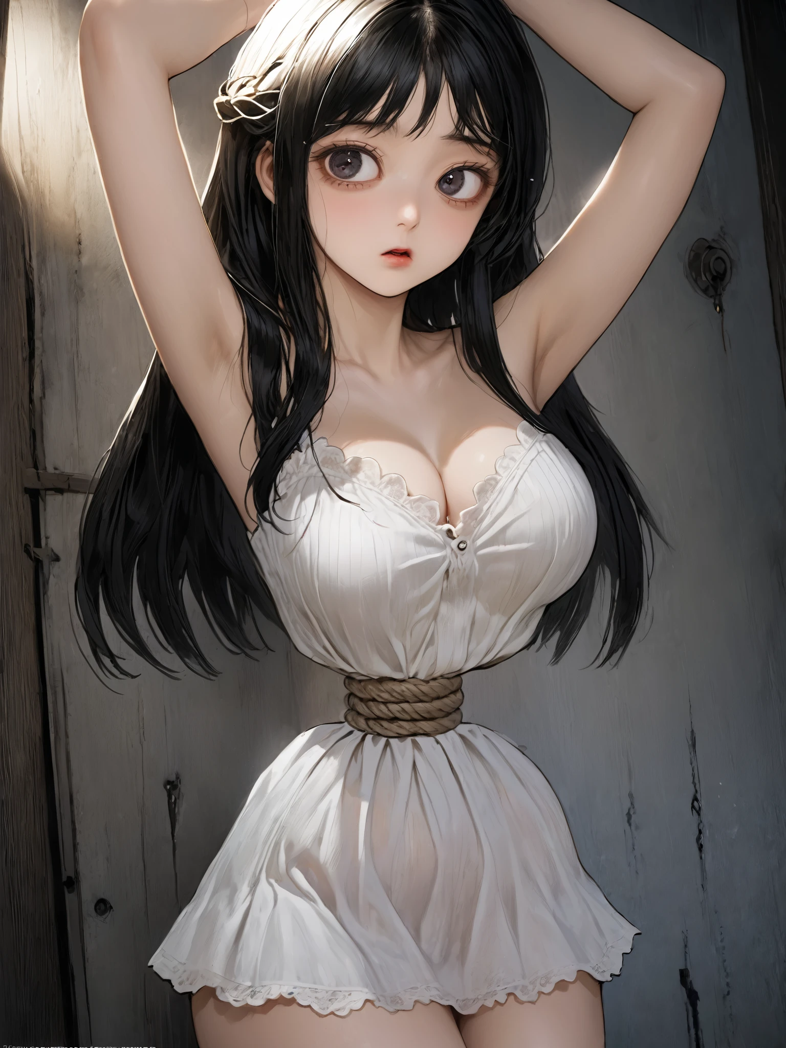 ((Real Picture Style ))),(( Masterpiece )), (( Top Quality)), ( very detailed ), Torture Room ,(((Hemp Rope Tightening Around her Waist))), cute girl,white Lace Slip Dress,beautiful black hair ,(beautiful black eyes ), long hair, expression of pain
