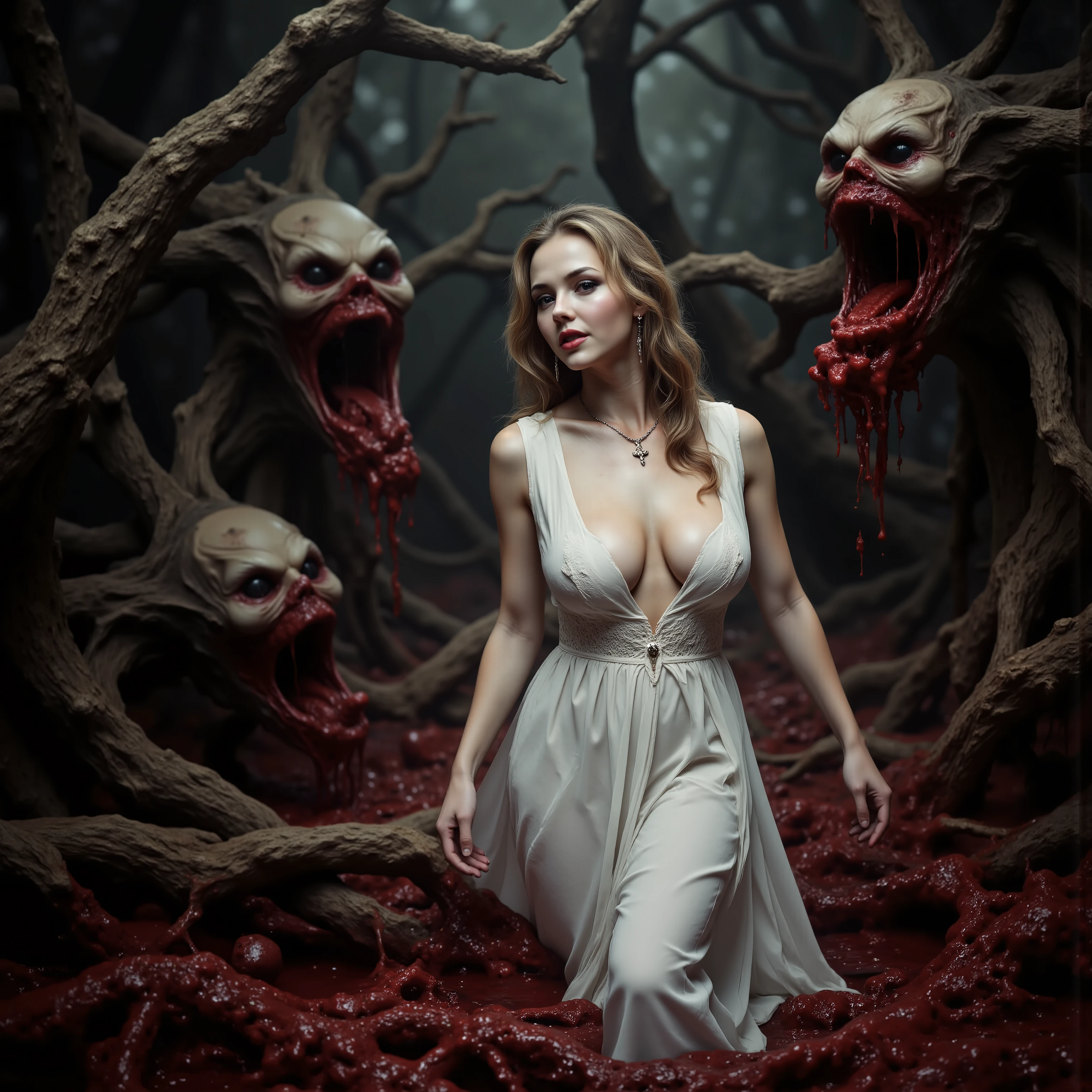 An extremely attractive young woman with very pale skin, a long white dress, makeup, black eyeshadow and dark red lipstick, very long light brown wavy hair, large breasts, stunningly beautiful face, Looking at viewer. Big smile.Wearing a crucifix necklace.Walking througha haunted forest of evil trees. Trees with demonic faces that are vomiting up thousands of gallons of blood and chunks of gore.  The blood and chunks of gore fill in the spaces in between the tree's massive roots. Visually explicit and disturbing. Be sure to blend the color and texture of the tree's bark with the faces they have. There are no ears or eyes to be seen. Just big dark gaping holes in the trees like knots. Photo-realistic,ultra-detailed, realism,portrait photography,cinematic portrait, cinematic photography, UHDR, full focus, highest quality, cinematic lighting, highers,best quality,masterpiece, Breathtakingly Beautiful, cinematic lighting, cinematic photography, cinematic portrait, photorealistic, portrait photography, hyperrealism, ultra detailed, UHD, full focus, Awe inspiring, Stunning, Startling, Visually Intoxicating, Award Winning, Best quality, Masterpiece   