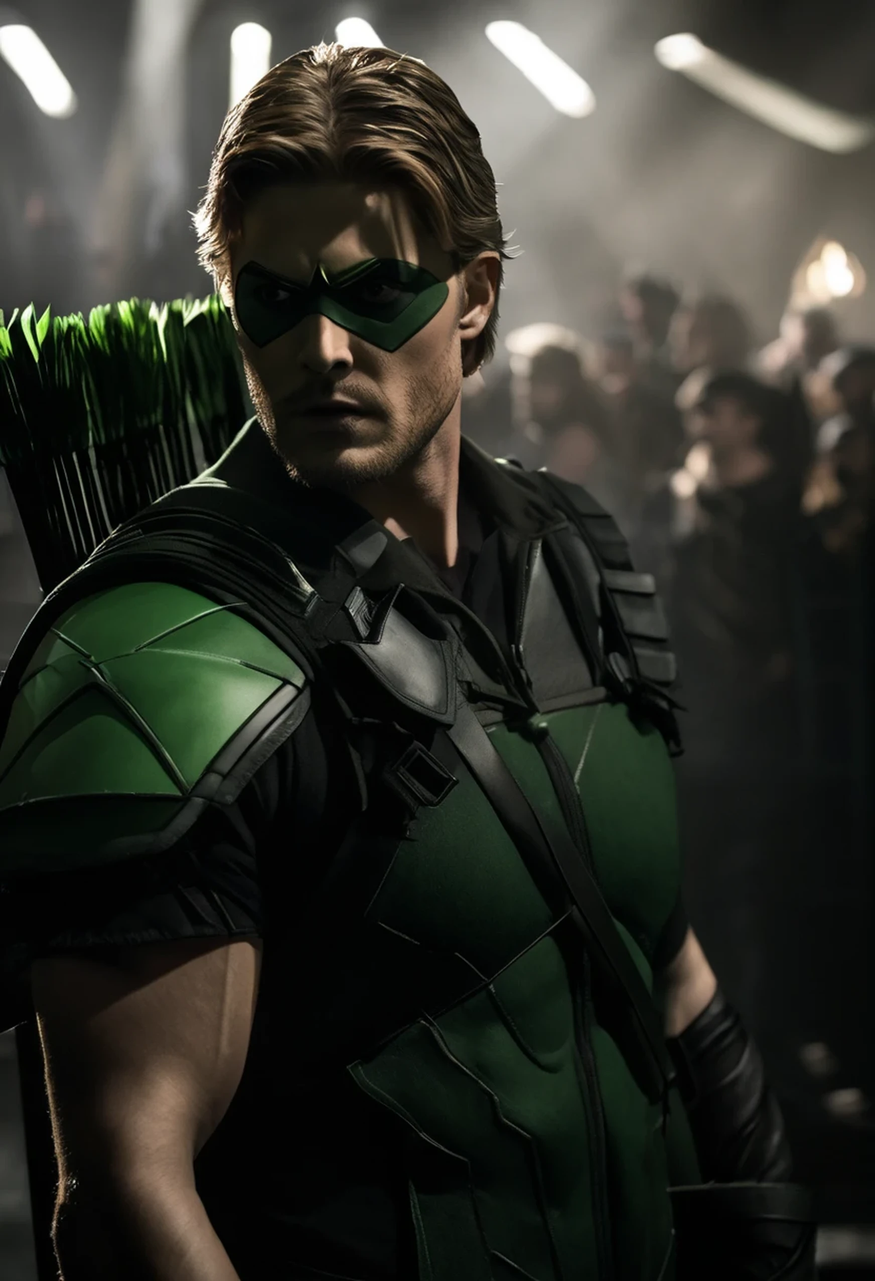 A cinematic image of jensen ackles as Green Arrow live action