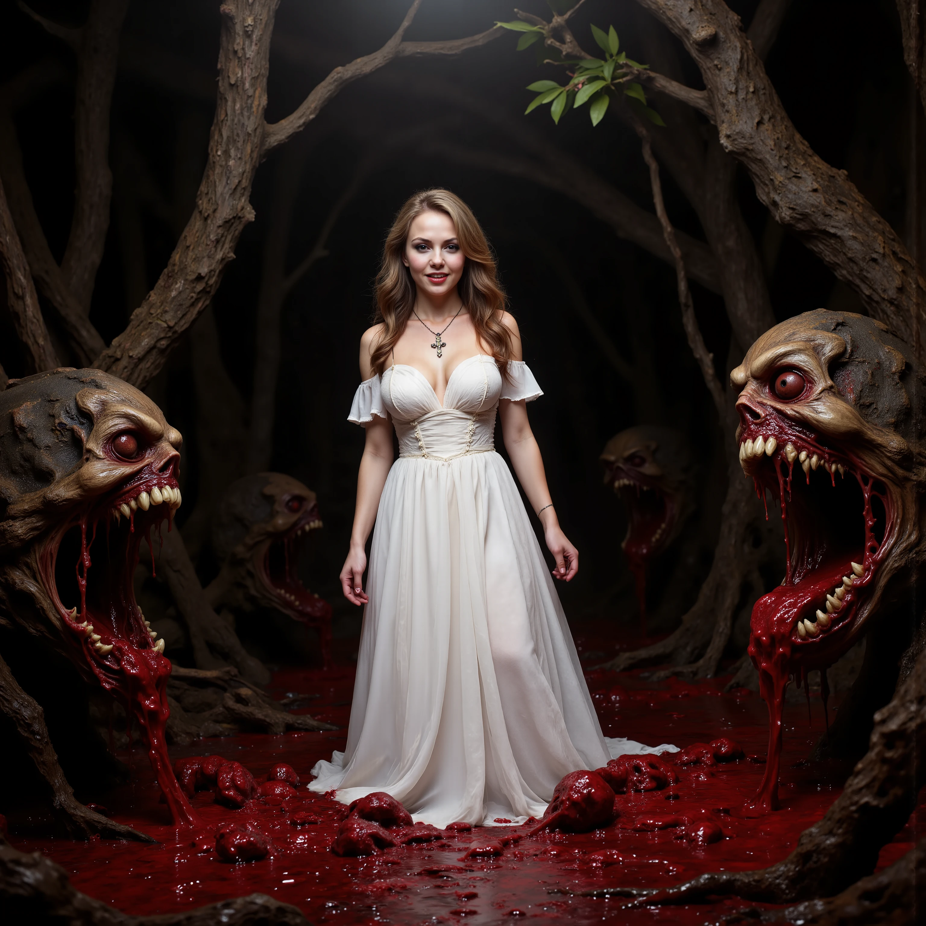 An extremely attractive young woman with very pale skin, a long white dress, makeup, black eyeshadow and dark red lipstick, very long light brown wavy hair, large breasts, stunningly beautiful face, Looking at viewer. Big smile.Wearing a crucifix necklace.Walking througha haunted forest of evil trees. Trees with demonic faces that are vomiting up thousands of gallons of blood and chunks of gore.  The blood and chunks of gore fill in the spaces in between the tree's massive roots. Visually explicit and disturbing. Be sure to blend the color and texture of the tree's bark with the faces they have. There are no ears or eyes to be seen. Just big dark gaping holes in the trees like knots. Photo-realistic,ultra-detailed, realism,portrait photography,cinematic portrait, cinematic photography, UHDR, full focus, highest quality, cinematic lighting, highers,best quality,masterpiece, Breathtakingly Beautiful, cinematic lighting, cinematic photography, cinematic portrait, photorealistic, portrait photography, hyperrealism, ultra detailed, UHD, full focus, Awe inspiring, Stunning, Startling, Visually Intoxicating, Award Winning, Best quality, Masterpiece   