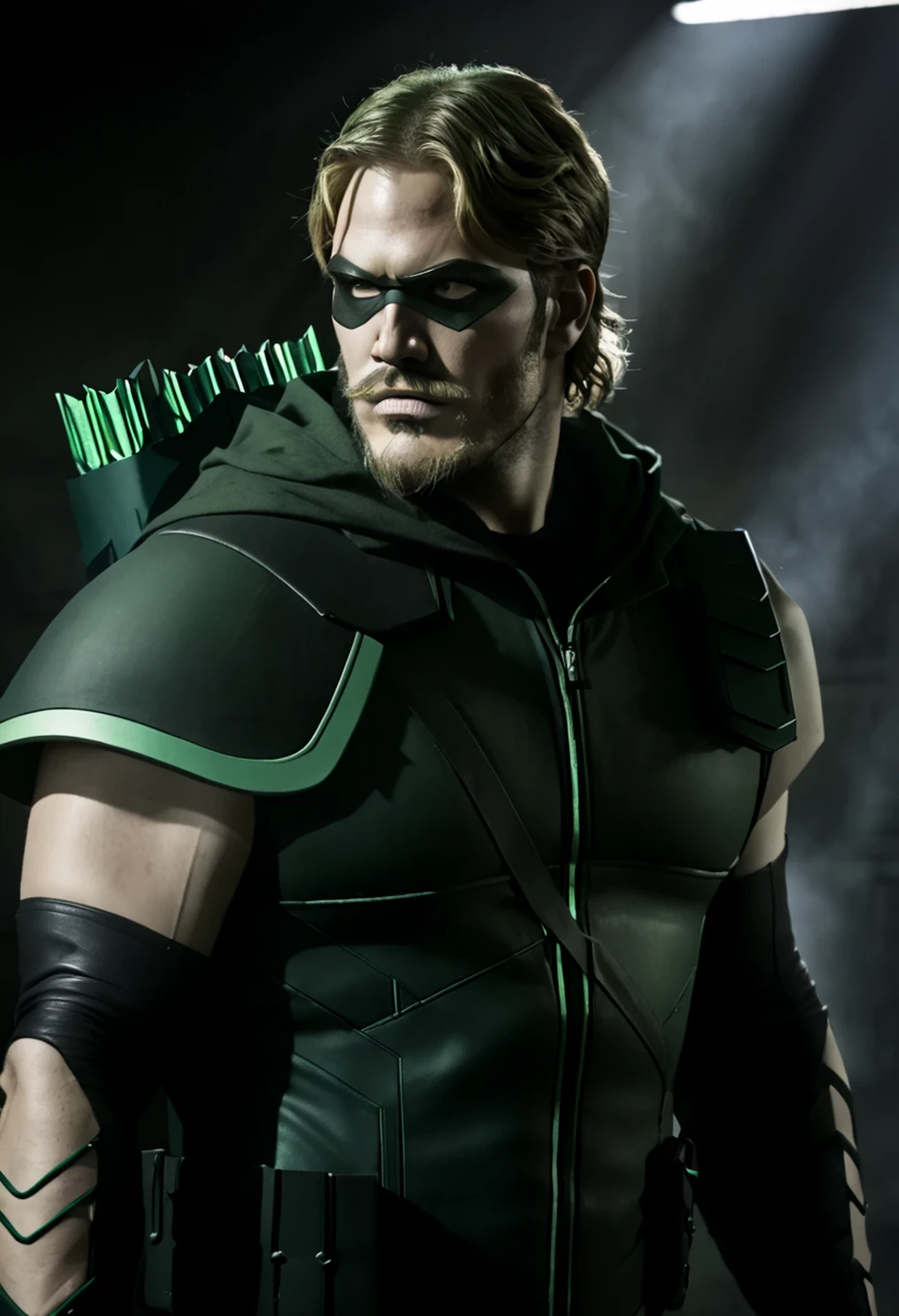 cinematic image of chris pratt as Green Arrow live action