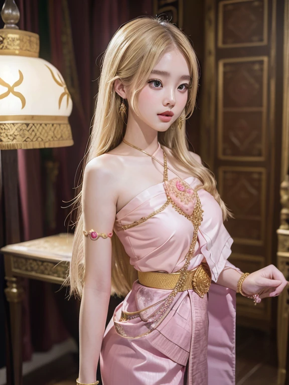 three moons one sun chinitas light yellow skin and long blonde hair pink bangs long dress with neckline and straps athletic body thin big breasts big buttocks long hair