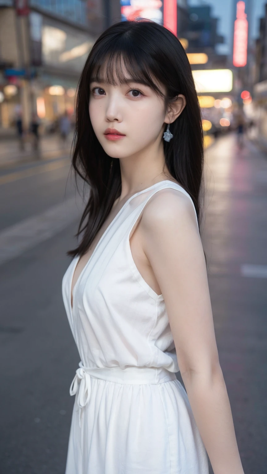 a woman, black hair, long hair, korean, shiny dress, white dress, cyberpunk, futuristic city, ((masterpiece)), ((best quality)), cyberpunk style, detroit become human style.