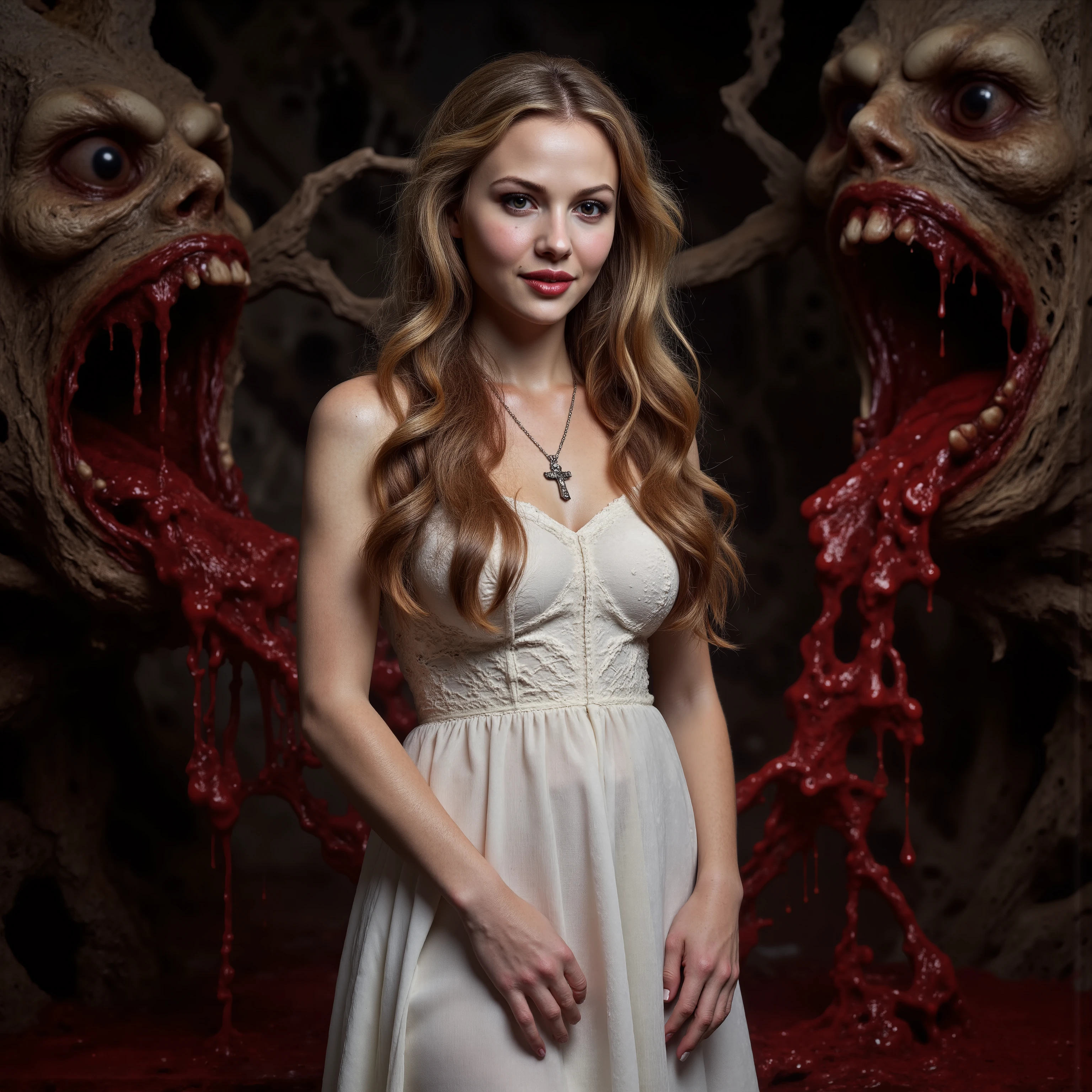 An extremely attractive young woman with very pale skin, a long white dress, makeup, black eyeshadow and dark red lipstick, very long light brown wavy hair, large breasts, stunningly beautiful face, Looking at viewer. Big smile.Wearing a crucifix necklace.Walking through a haunted forest of evil trees. Trees with demonic faces that are vomiting up thousands of gallons of blood and chunks of gore. The blood and chunks of gore fill in the spaces in between the tree's massive roots. Visually explicit and disturbing. Be sure to blend the color and texture of the tree's bark with the faces they have. There are no ears or eyes to be seen. Just big dark gaping holes in the trees like knots. Photo-realistic,ultra-detailed, realism,portrait photography,cinematic portrait, cinematic photography, UHDR, full focus, highest quality, cinematic lighting, highers,best quality,masterpiece, Breathtakingly Beautiful, cinematic lighting, cinematic photography, cinematic portrait, photorealistic, portrait photography, hyperrealism, ultra detailed, UHD, full focus, Awe inspiring, Stunning, Startling, Visually Intoxicating, Award Winning, Best quality, Masterpiece