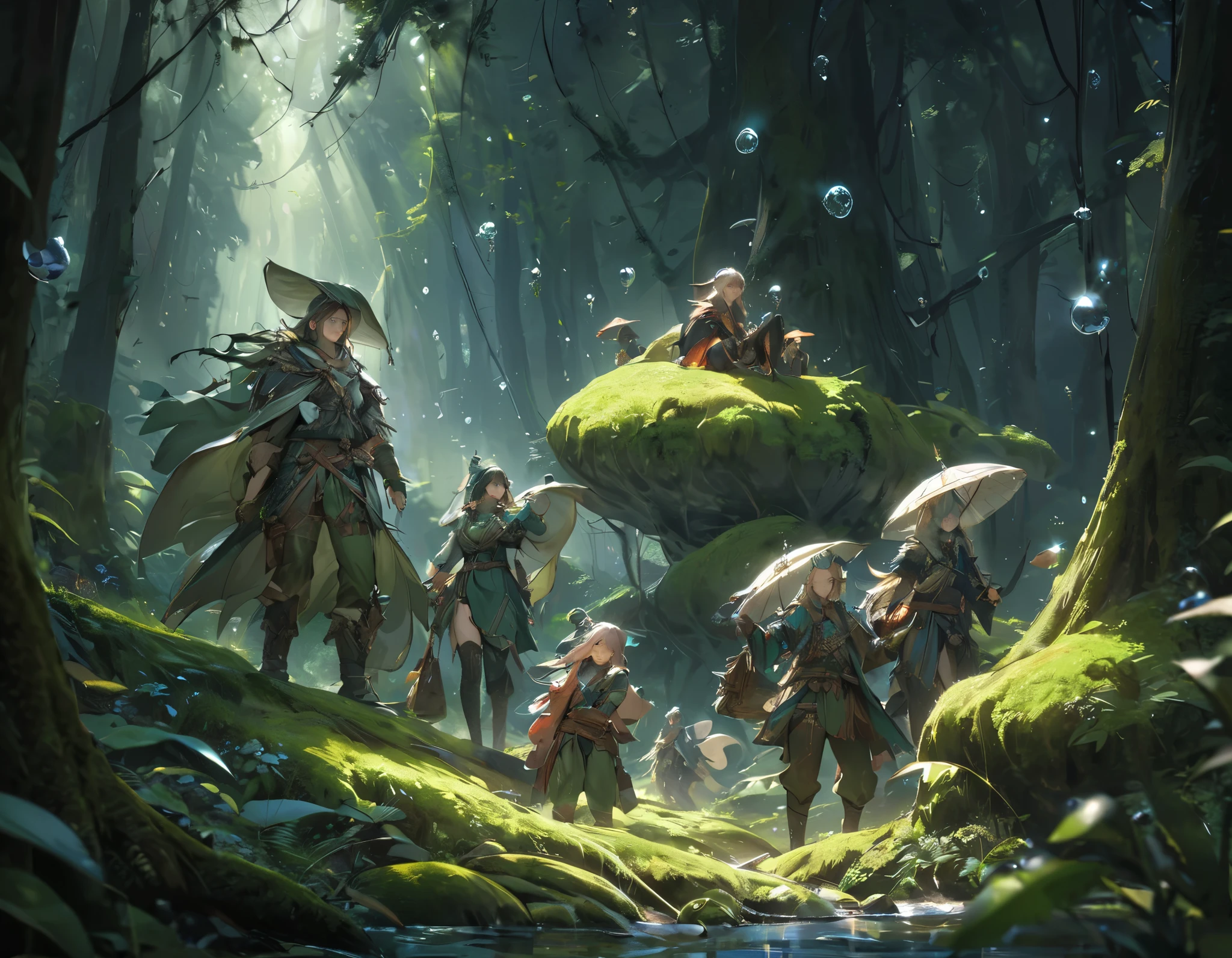 (masterpiece,best quality:1.2,ultra-details),5 Fantasy [[[Elves]]],each elves wearing a different clothes/(costume),they are carrying the ((water drop)),in deep beautiful forest,moss,Mysterious Light