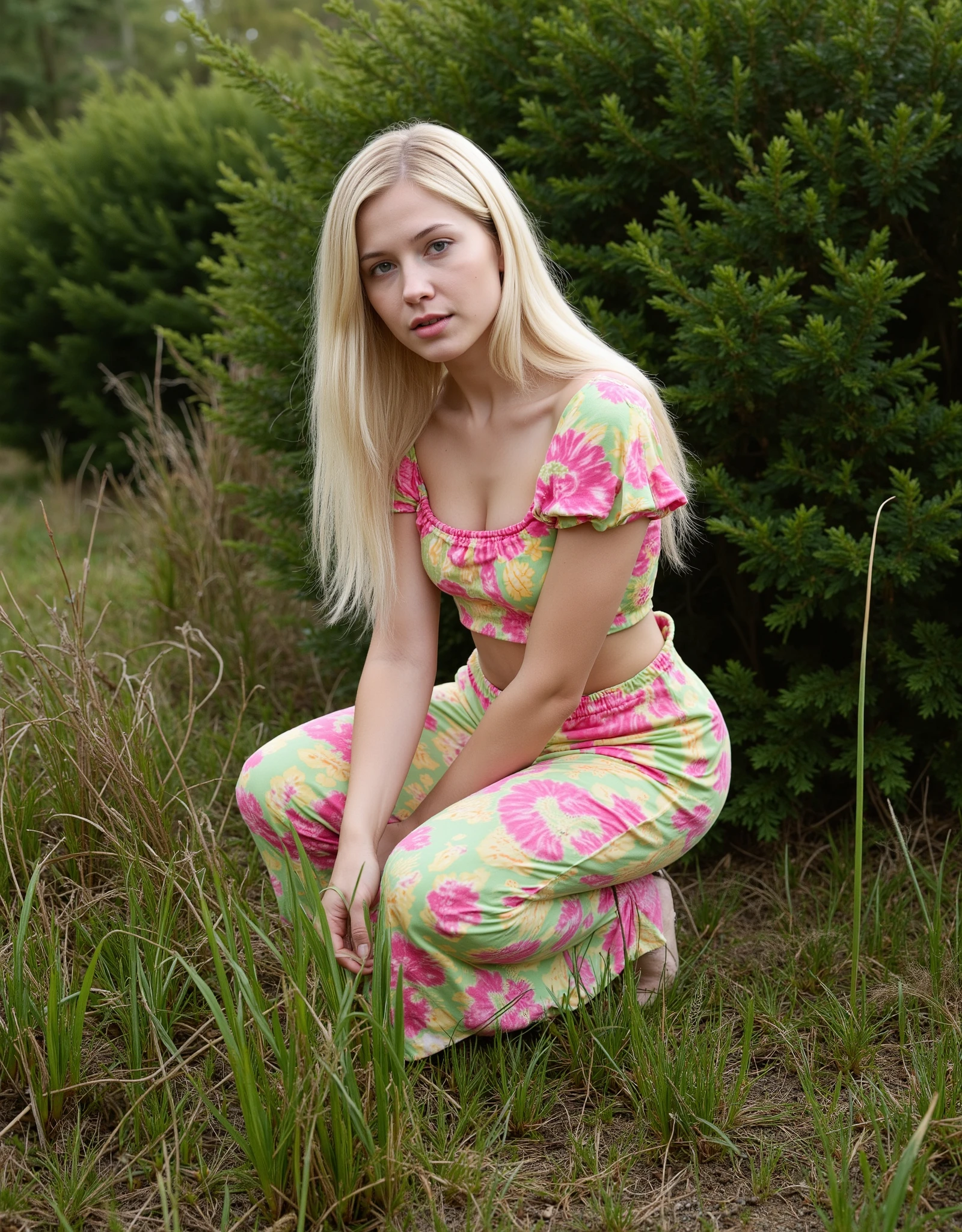 A professional photograph of a woman with long, platinum blonde hair posing in a lush, outdoor setting. She has fair skin, a confident gaze, and an intense expression as she looks directly at the camera. She is wearing a vibrant, psychedelic-patterned two-piece outfit in shades of pink, green, yellow, and white. The blouse has short puffed sleeves with ruffled details, and the long skirt is flowing with a textured elastic waistband. She is crouching slightly, leaning forward with one hand resting on her knee and the other delicately holding a tall blade of grass. The background consists of dense green foliage, including bushes and tall grasses, creating a wild and untamed atmosphere. The lighting is soft and natural, highlighting the textures of her clothing and surroundings. The overall composition captures a balance between bold fashion and the organic beauty of nature, resulting in a hyper-realistic, high-quality professional photograph.
