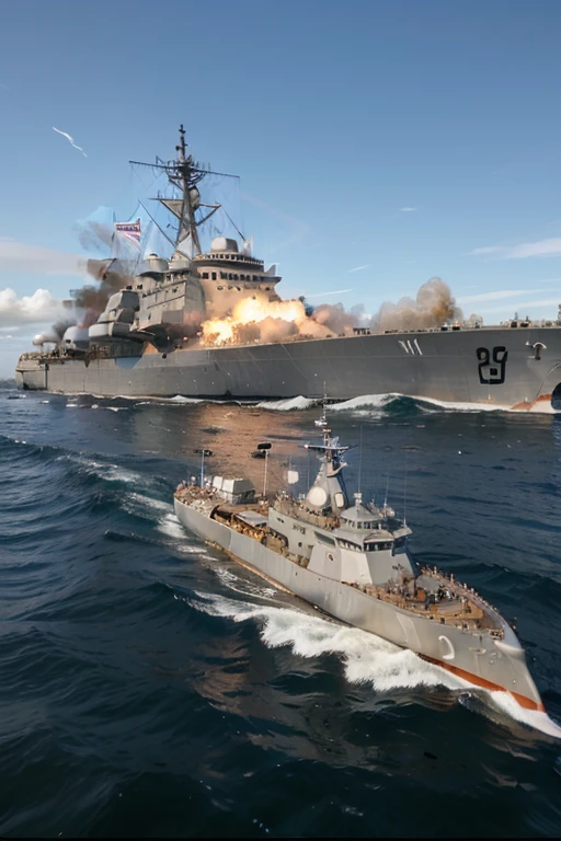 <lora:USS_Iowa_Battleship:0.85> iowa with crew, firing guns, (dark night:1.4), at sea, stormy, rain, smoke
highly detailed, 8k