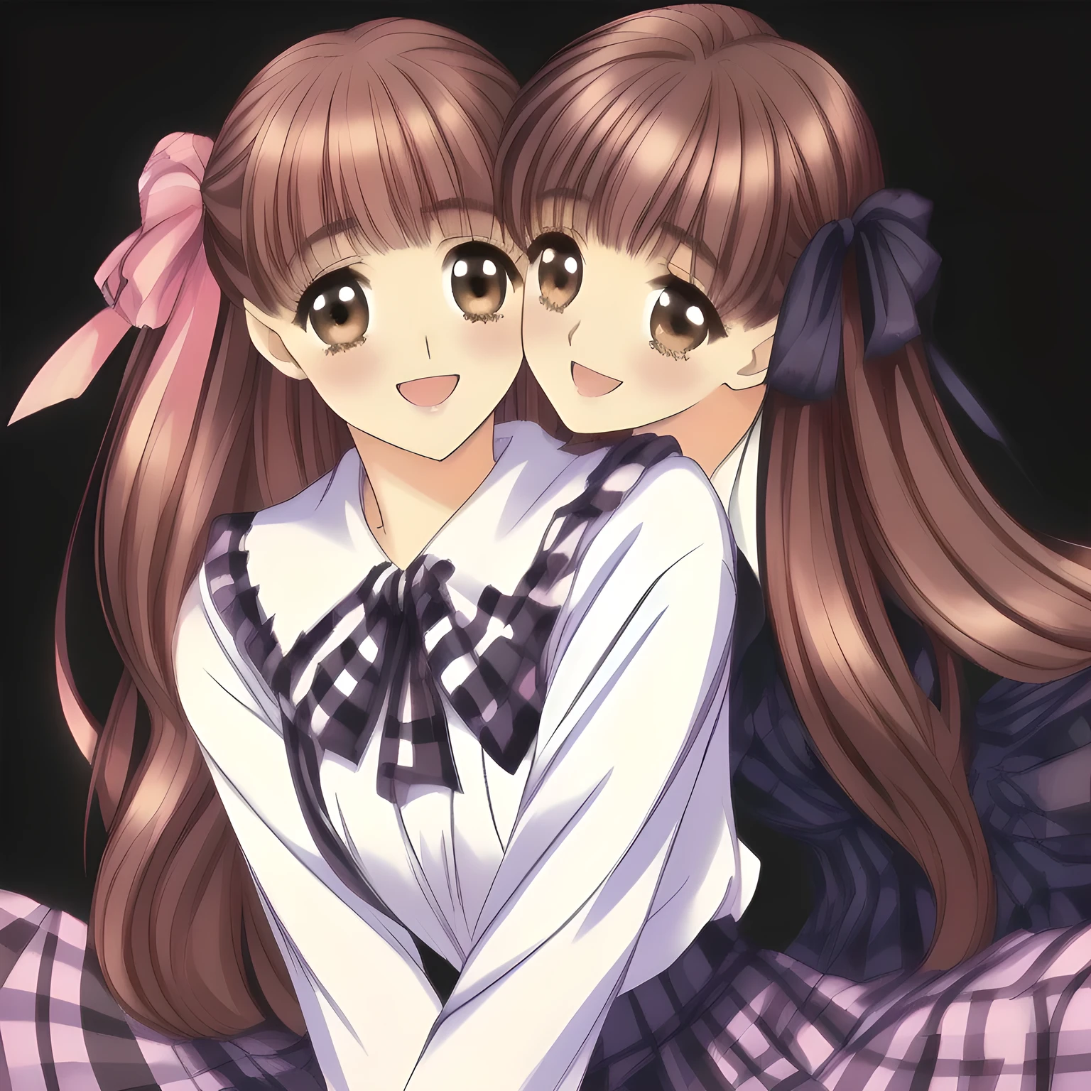 <lora:range_murata2:1>, murata renji, range murata,
2girls, :d, black gloves, blush, breasts, brown hair, gloves, green eyes, hair ornament, hairclip, heart, heart hands, heart hands duo, highres, long hair, looking at viewer, multiple girls, necktie, one eye closed, open mouth, purple hair, red eyes, same height, school uniform, simple background, skirt, smile, twintails, white background