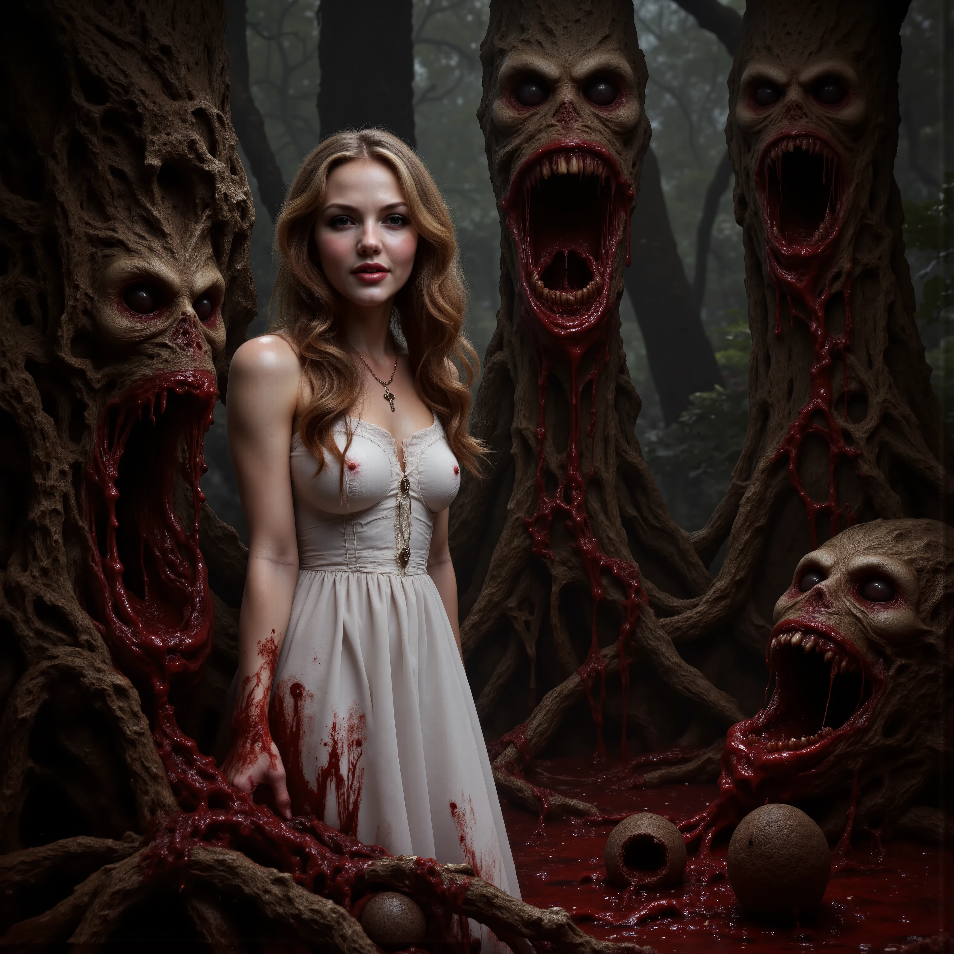 An extremely attractive young woman with very pale skin, a long white dress, makeup, black eyeshadow and dark red lipstick, very long light brown wavy hair, large breasts, stunningly beautiful face, Looking at viewer. Big smile.Wearing a crucifix necklace.Walking through a haunted forest of evil trees. Trees with demonic faces that are vomiting up thousands of gallons of blood and chunks of gore.  The blood and chunks of gore fill in the spaces in between the tree's massive roots. Visually explicit and disturbing. Be sure to blend the color and texture of the tree's bark with the faces they have. There are no ears or eyes to be seen. Just big dark gaping holes in the trees like knots. Photo-realistic,ultra-detailed, realism,portrait photography,cinematic portrait, cinematic photography, UHDR, full focus, highest quality, cinematic lighting, highers,best quality,masterpiece, Breathtakingly Beautiful, cinematic lighting, cinematic photography, cinematic portrait, photorealistic, portrait photography, hyperrealism, ultra detailed, UHD, full focus, Awe inspiring, Stunning, Startling, Visually Intoxicating, Award Winning, Best quality, Masterpiece   