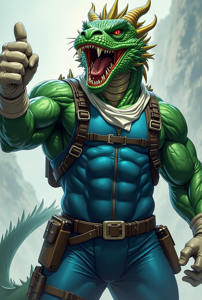 (A rugged beefy extremely muscular bulky snarling green chinese dragon), (wearing blue fully-zipped fullbody wetsuit), thumbs up pose, wearing bulky harness, wearing bulky scuba gear, wearing white hero scarf, muscular physique, toned muscles, fierce, heroic, action, comic artstyle, bulky best quality, wearing white combat gloves. wearing gun holster on left thighs, dynamic action pose, fierce expression, showcasing an imposing stature, powerful, best quality image, action-packed atmosphere, masterpiece.