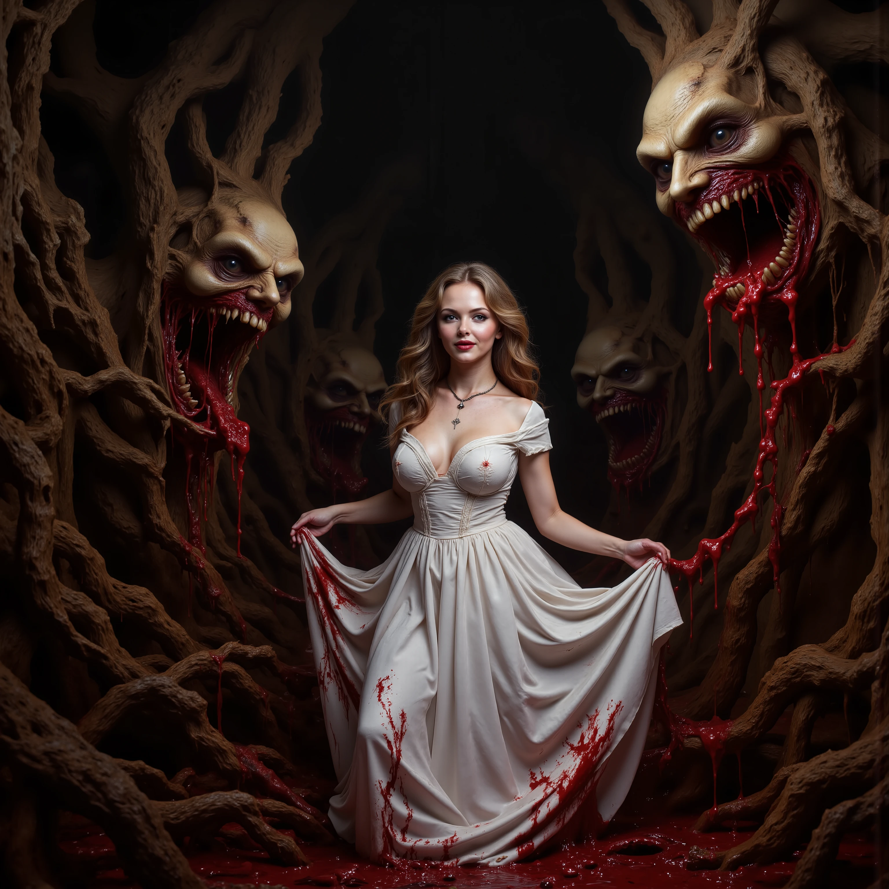An extremely attractive young woman with very pale skin, a long white dress, makeup, black eyeshadow and dark red lipstick, very long light brown wavy hair, large breasts, stunningly beautiful face, Looking at viewer. Big smile.Wearing a crucifix necklace.Walking througha haunted forest of evil trees. Trees with demonic faces that are vomiting up thousands of gallons of blood and chunks of gore. The blood and chunks of gore fill in the spaces in between the tree's massive roots. Visually explicit and disturbing. Be sure to blend the color and texture of the tree's bark with the faces they have. There are no ears or eyes to be seen. Just big dark gaping holes in the trees like knots. Photo-realistic,ultra-detailed, realism,portrait photography,cinematic portrait, cinematic photography, UHDR, full focus, highest quality, cinematic lighting, highers,best quality,masterpiece, Breathtakingly Beautiful, cinematic lighting, cinematic photography, cinematic portrait, photorealistic, portrait photography, hyperrealism, ultra detailed, UHD, full focus, Awe inspiring, Stunning, Startling, Visually Intoxicating, Award Winning, Best quality, Masterpiece