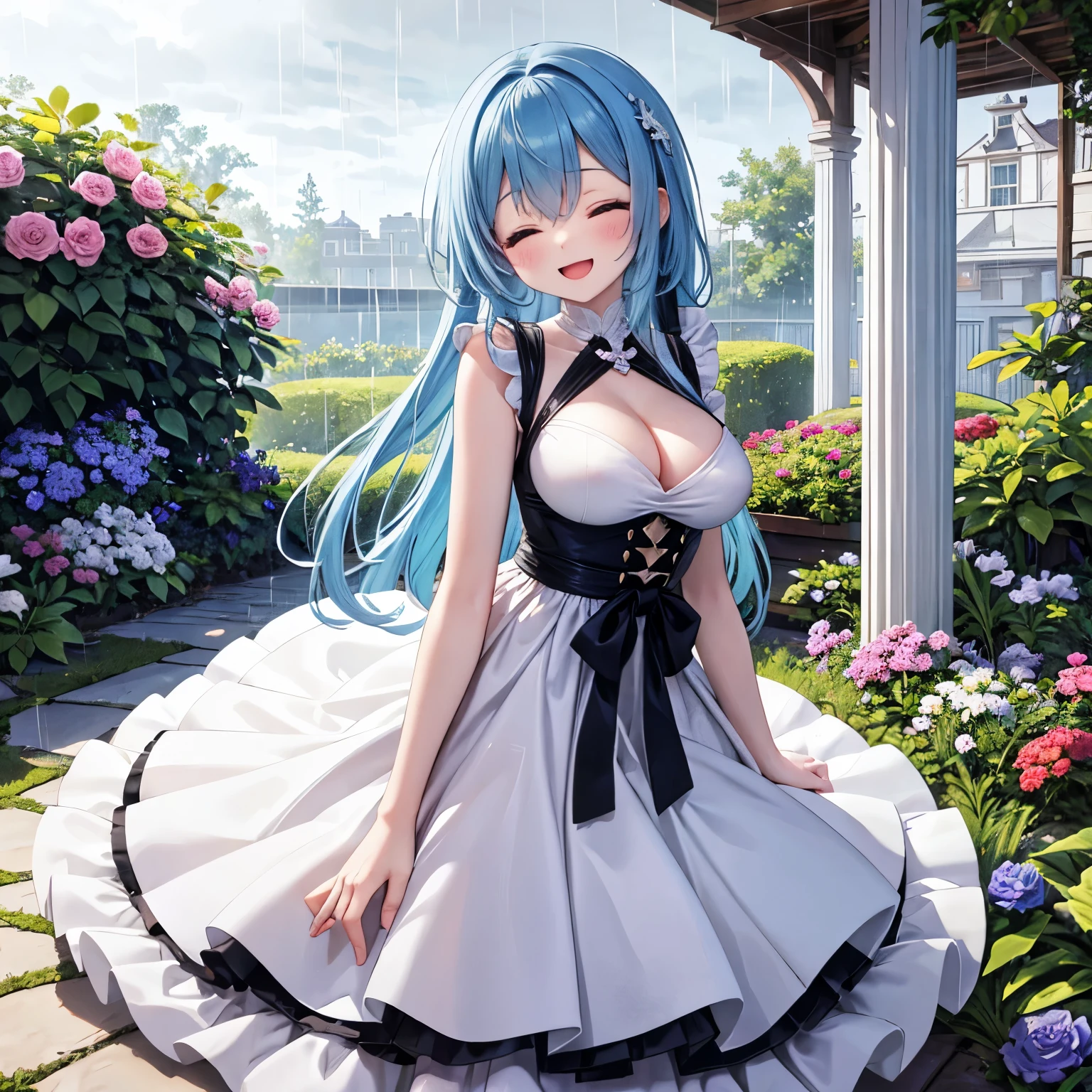 a women, blue hair, blue eyes, white dress