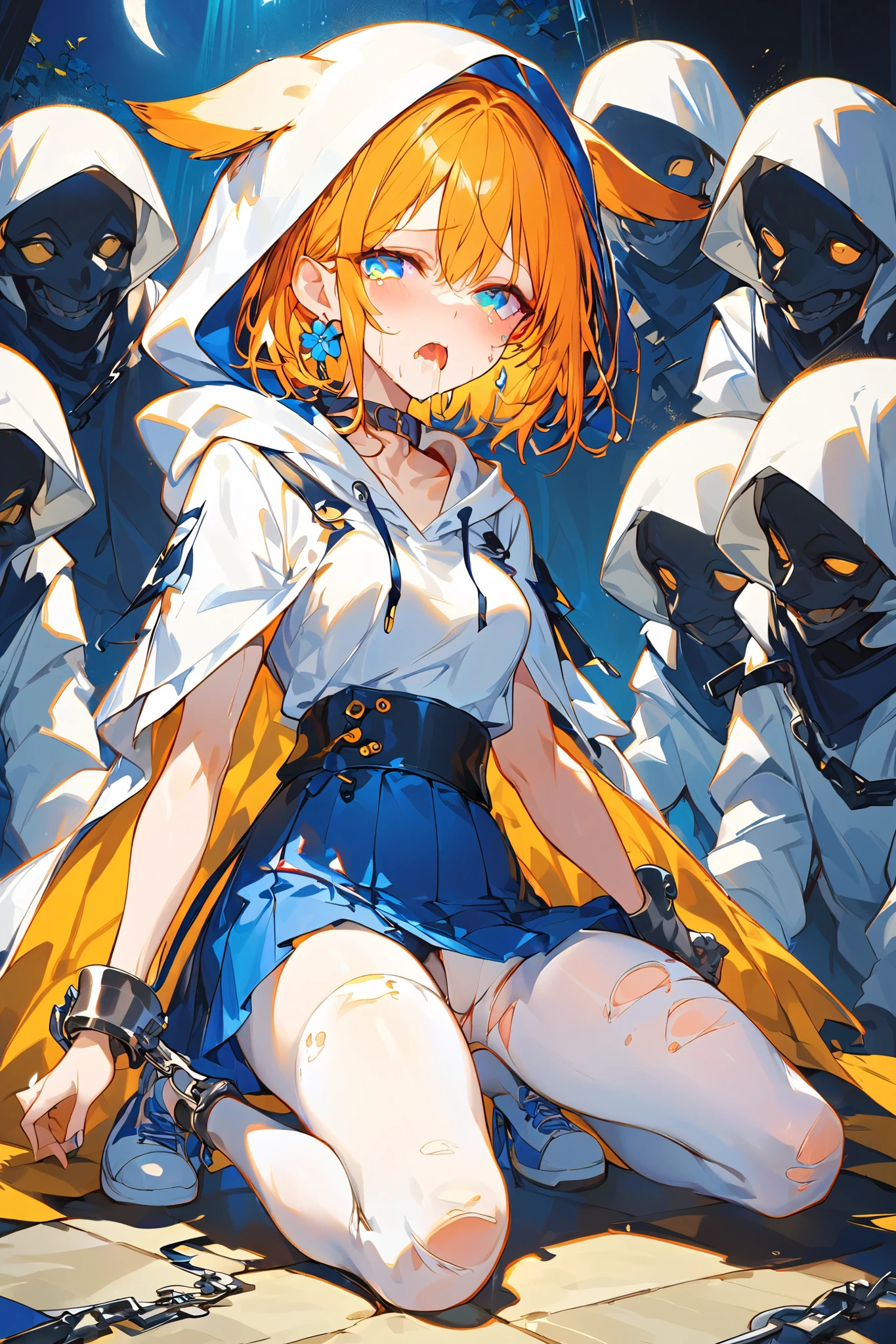 (( 1 girl ))、(Single)、 High Resolution, Ultra HD, Very detailed , short hair, Light orange hair、(( small boobs)), 環狀 Earrings, Earrings, blue eyes, The condominium where the collar 、((Pure white hooded sweatshirt ))、(Wear a hood)、 Blue Skirt、Torn white pantyhose 、White sneakers、 movie grade lights 、(( Medium height ))、 looking at the audience 、{{ facing the front }}、((Slim and sexy legs))、Beautiful Legs、((Earthy yellow cape))、((moonlight))、 full body photo、((Flower-shaped pupil, moan, saliva brush, ahey))、 orgasm、tears, ((Handcuff Binding 、 Foot Binding))、(Torn white panty socks treated as dog walkers )、(Mimic dog crawling look)
