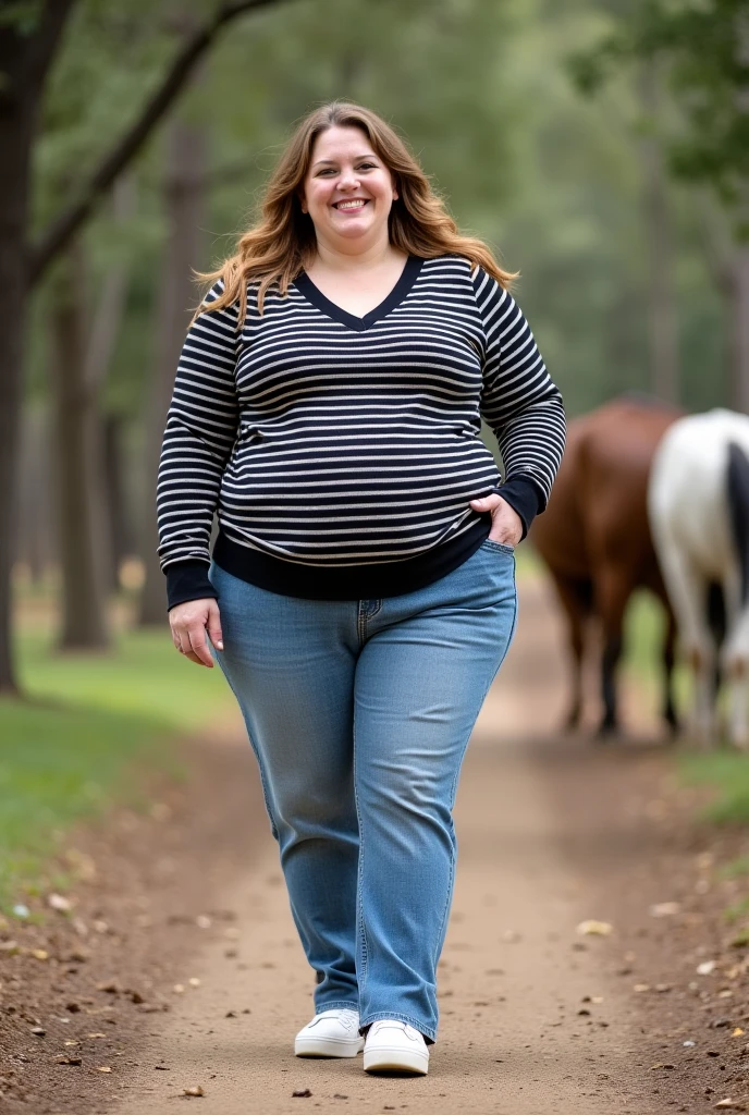 Chubby Small Argentinian woman of 43 years of age with the following physical characteristics due to suffering from Cushing's syndrome: round face and full with an excessive and obese double chin , Known as " full moon face ", with thin skin , that is reddened and prone to acne or excessive facial hair growth . Your abdomen is visibly distended due to the accumulation of fat , in contrast to their relatively thin limbs and weakened muscles . It has a pronounced hump on the upper back , call "Buffalo hump ", her legs and arms are extremely thin and weak , Her hair has become thinner and brittle , while extreme fatigue and muscle weakness significantly affect your mobility and quality of life., fair skin without makeup , long light brown hair with waves , she wears a fine yarn V-neck sweater with horizontal black and white stripes , light blue jeans pants , white leather sneakers with platform , the image is a photo of her posing relaxed and cheerful in the gardens of a ranch in the province of Buenos Aires , she smiles at the camera while at her side you can see a part of the main helmet of the room while behind her back In the distance you can see several people Practicing horseback riding. The cortisone level is exceeded by 700 % In women
