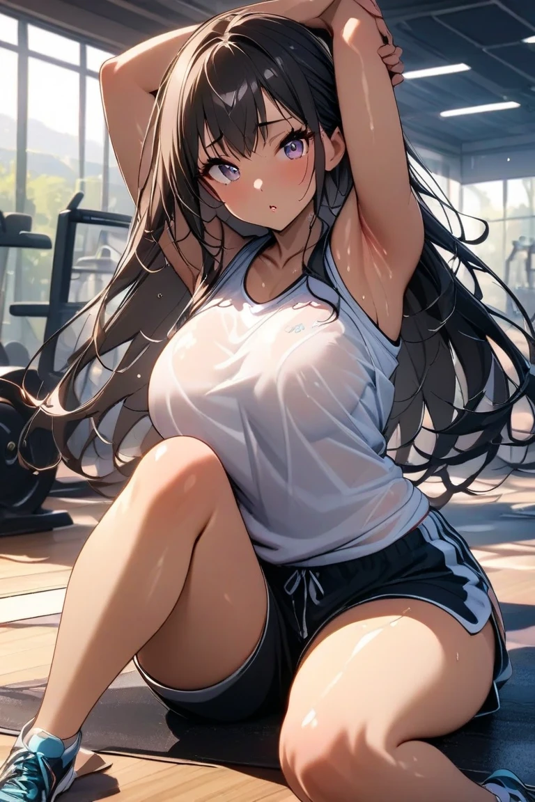 extremely high resolution, high detailed, cute anime girl with brown hair and slightly bigger soft thighs, wearing white sports bra and black gym shorts, holding a water bottle, sweating