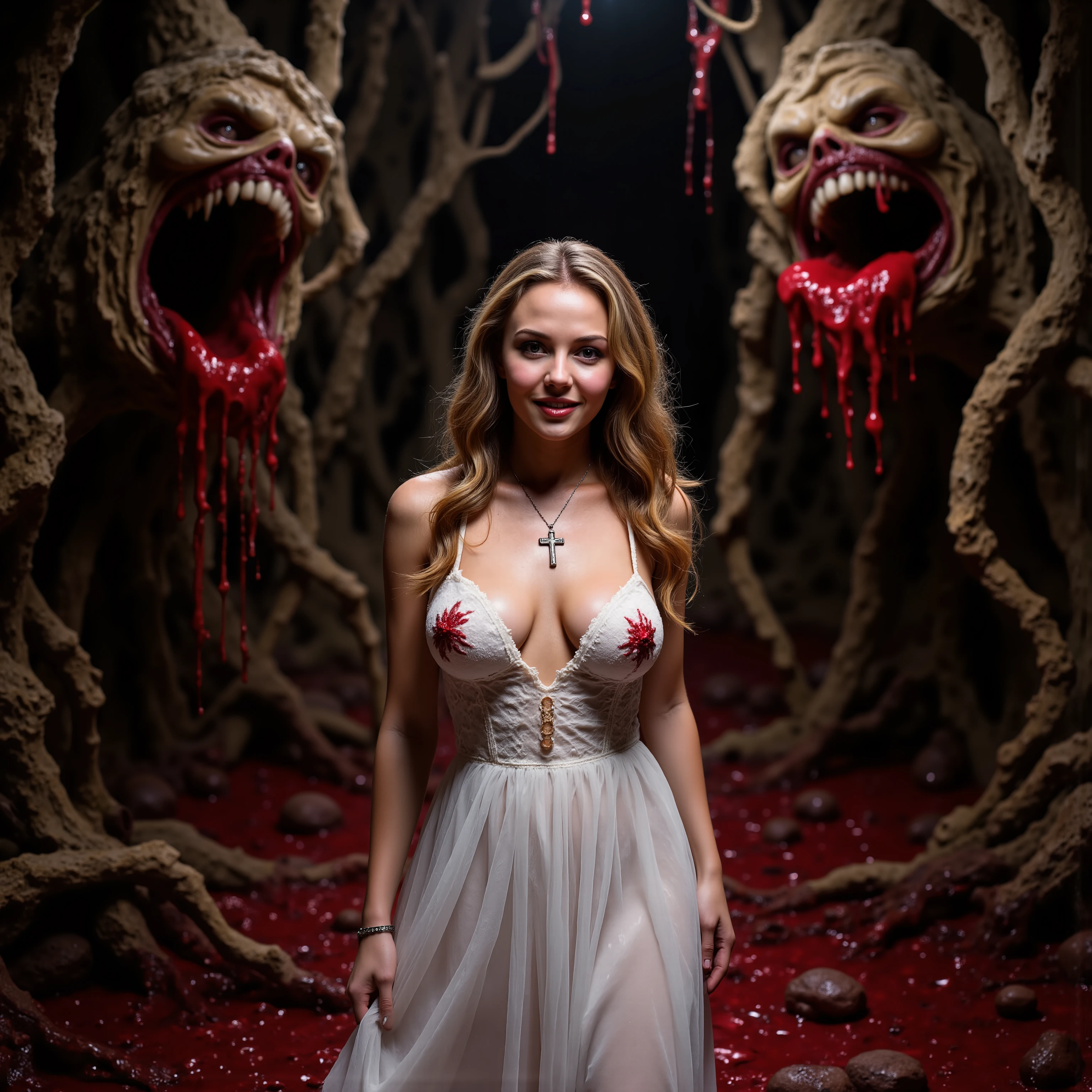 An extremely attractive young woman with very pale skin, a long white dress, makeup, black eyeshadow and dark red lipstick, very long light brown wavy hair, large breasts, stunningly beautiful face, Looking at viewer. Big smile.Wearing a crucifix necklace.Walking througha haunted forest of evil trees. Trees with demonic faces that are vomiting up thousands of gallons of blood and chunks of gore. The blood and chunks of gore fill in the spaces in between the tree's massive roots. Visually explicit and disturbing. Be sure to blend the color and texture of the tree's bark with the faces they have. There are no ears or eyes to be seen. Just big dark gaping holes in the trees like knots. Photo-realistic,ultra-detailed, realism,portrait photography,cinematic portrait, cinematic photography, UHDR, full focus, highest quality, cinematic lighting, highers,best quality,masterpiece, Breathtakingly Beautiful, cinematic lighting, cinematic photography, cinematic portrait, photorealistic, portrait photography, hyperrealism, ultra detailed, UHD, full focus, Awe inspiring, Stunning, Startling, Visually Intoxicating, Award Winning, Best quality, Masterpiece