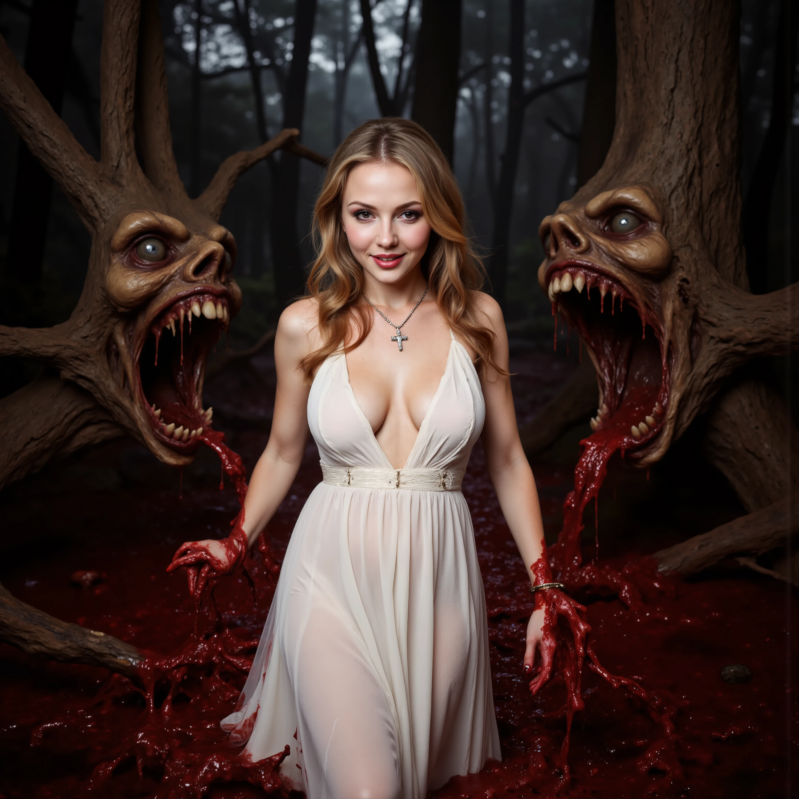 An extremely attractive young woman with very pale skin, a long white dress, makeup, black eyeshadow and dark red lipstick, very long light brown wavy hair, large breasts, stunningly beautiful face, Looking at viewer. Big smile.Wearing a crucifix necklace.Walking througha haunted forest of evil trees. Trees with demonic faces that are vomiting up thousands of gallons of blood and chunks of gore. The blood and chunks of gore fill in the spaces in between the tree's massive roots. Visually explicit and disturbing. Be sure to blend the color and texture of the tree's bark with the faces they have. There are no ears or eyes to be seen. Just big dark gaping holes in the trees like knots. Photo-realistic,ultra-detailed, realism,portrait photography,cinematic portrait, cinematic photography, UHDR, full focus, highest quality, cinematic lighting, highers,best quality,masterpiece, Breathtakingly Beautiful, cinematic lighting, cinematic photography, cinematic portrait, photorealistic, portrait photography, hyperrealism, ultra detailed, UHD, full focus, Awe inspiring, Stunning, Startling, Visually Intoxicating, Award Winning, Best quality, Masterpiece