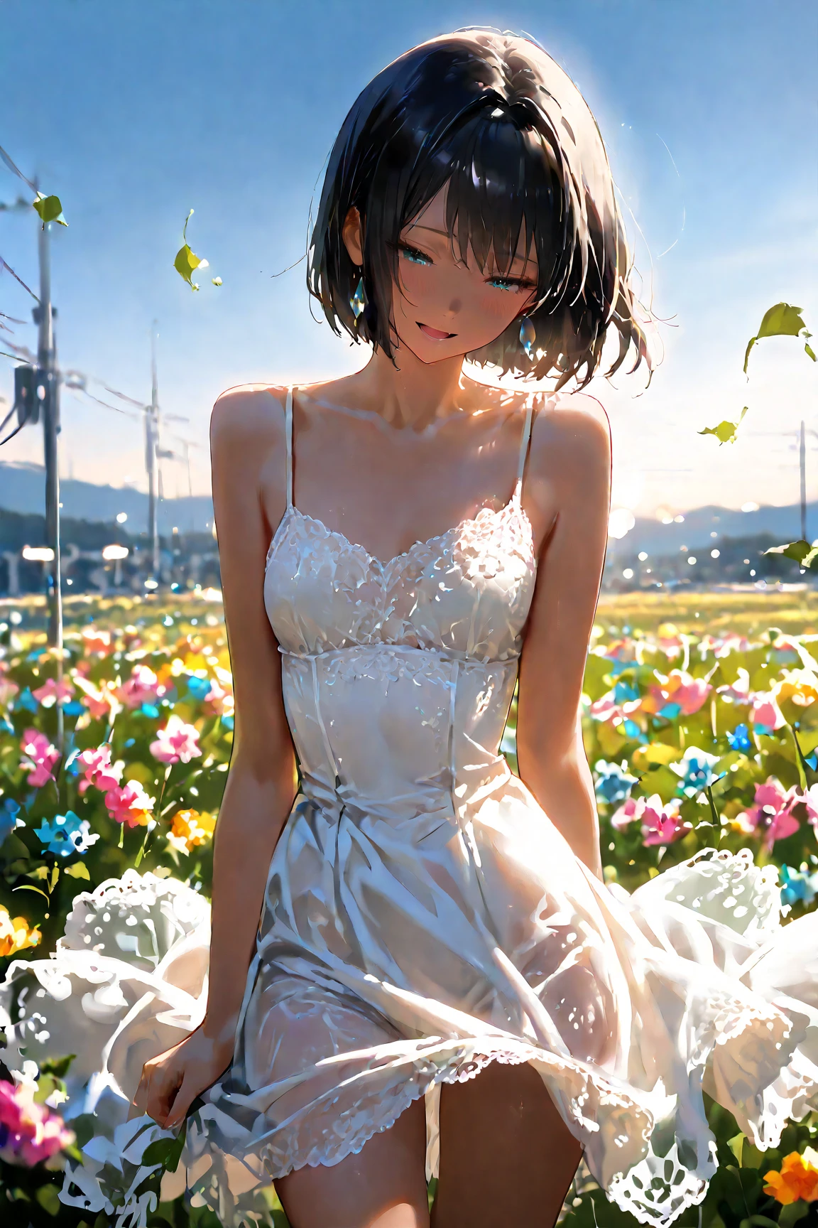 (secret:1.4), glass Room window at sunrise,stare into the distance,shining wedding ring,dark-skinned Mother 33 years old, Dark blue short hair,small breasts,Chubby,big ass,light blue lace lingerie,Fantastic pre-beat with lots of cosmic petals dancing, ((Highest quality detailed perfect work Concept art.))、beautiful illustrations, pastel colour, illustration style,Realistic skin feel,realistic material,watercolor painting,