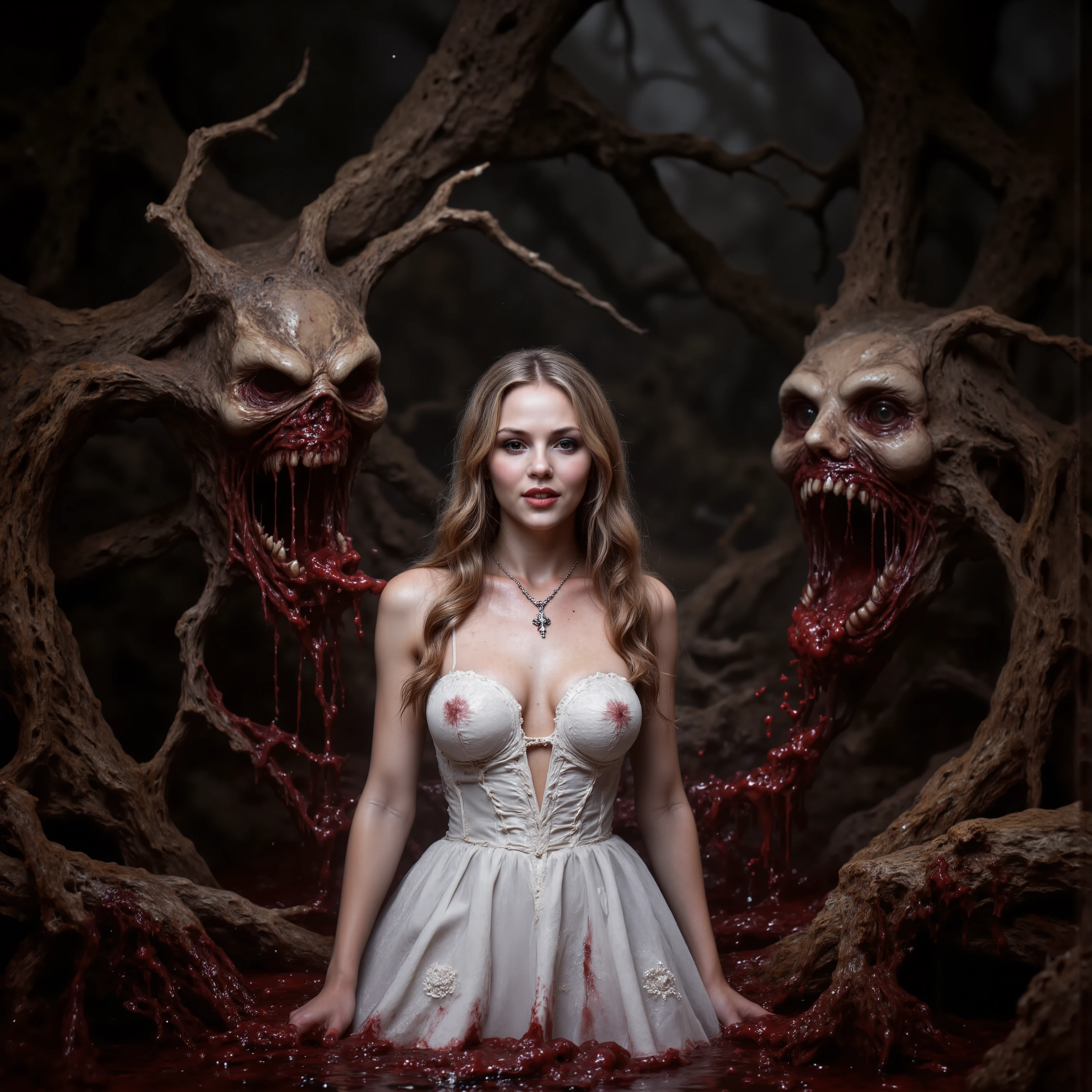 An extremely attractive young woman with very pale skin, a long white dress, makeup, black eyeshadow and dark red lipstick, very long light brown wavy hair, large breasts, stunningly beautiful face, Looking at viewer. Big smile.Wearing a crucifix necklace.Walking througha haunted forest of evil trees. Trees with demonic faces that are vomiting up thousands of gallons of blood and chunks of gore.  The blood and chunks of gore fill in the spaces in between the tree's massive roots. Visually explicit and disturbing. Be sure to blend the color and texture of the tree's bark with the faces they have. There are no ears or eyes to be seen. Just big dark gaping holes in the trees like knots. Photo-realistic,ultra-detailed, realism,portrait photography,cinematic portrait, cinematic photography, UHDR, full focus, highest quality, cinematic lighting, highers,best quality,masterpiece, Breathtakingly Beautiful, cinematic lighting, cinematic photography, cinematic portrait, photorealistic, portrait photography, hyperrealism, ultra detailed, UHD, full focus, Awe inspiring, Stunning, Startling, Visually Intoxicating, Award Winning, Best quality, Masterpiece   