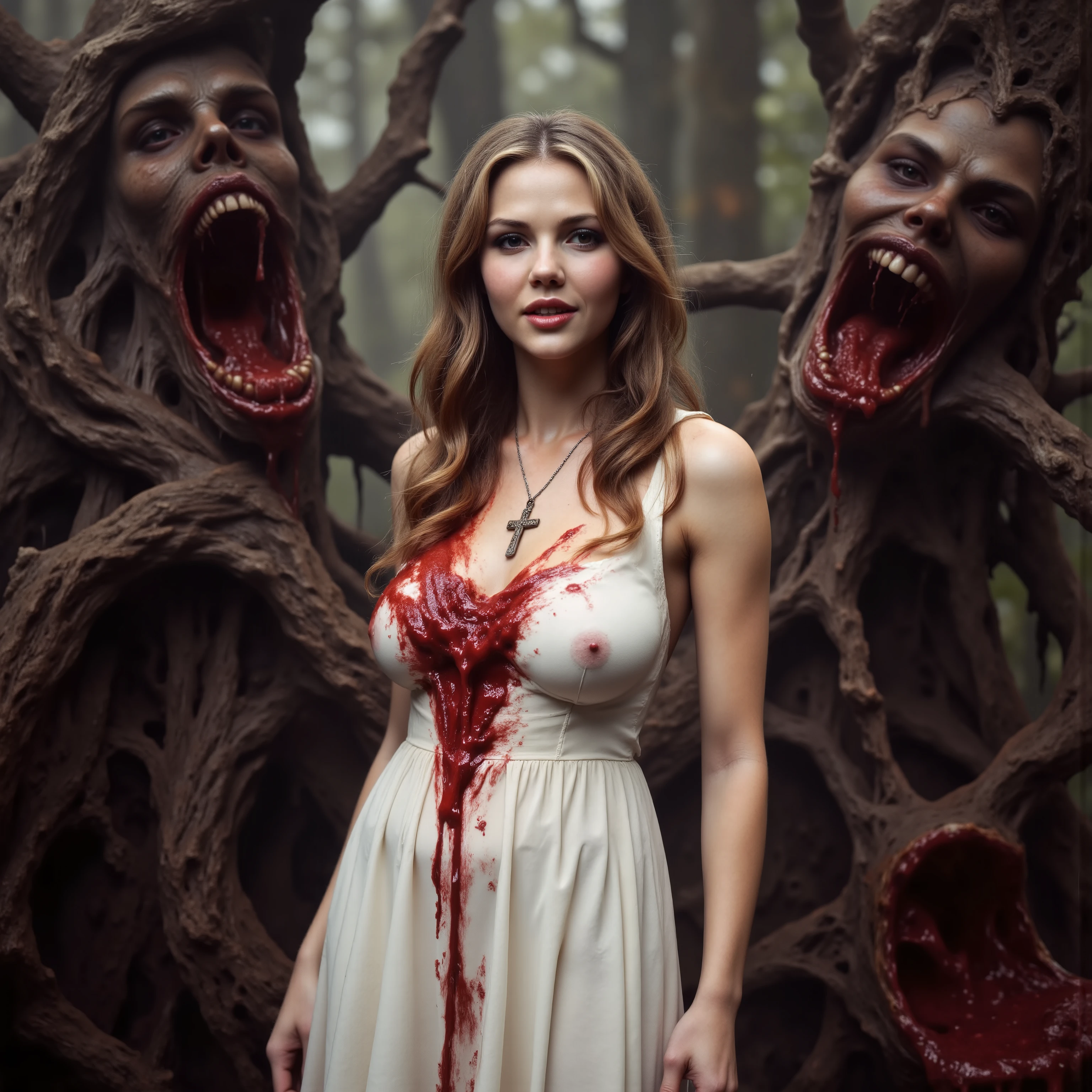 An extremely attractive young woman with very pale skin, a long white dress, makeup, black eyeshadow and dark red lipstick, very long light brown wavy hair, large breasts, stunningly beautiful face, Looking at viewer. Big smile.Wearing a crucifix necklace.Walking through a haunted forest of evil trees. Trees with demonic faces that are vomiting up thousands of gallons of blood and chunks of gore. The blood and chunks of gore fill in the spaces in between the tree's massive roots. Visually explicit and disturbing. Be sure to blend the color and texture of the tree's bark with the faces they have. There are no ears or eyes to be seen. Just big dark gaping holes in the trees like knots. Photo-realistic,ultra-detailed, realism,portrait photography,cinematic portrait, cinematic photography, UHDR, full focus, highest quality, cinematic lighting, highers,best quality,masterpiece, Breathtakingly Beautiful, cinematic lighting, cinematic photography, cinematic portrait, photorealistic, portrait photography, hyperrealism, ultra detailed, UHD, full focus, Awe inspiring, Stunning, Startling, Visually Intoxicating, Award Winning, Best quality, Masterpiece
