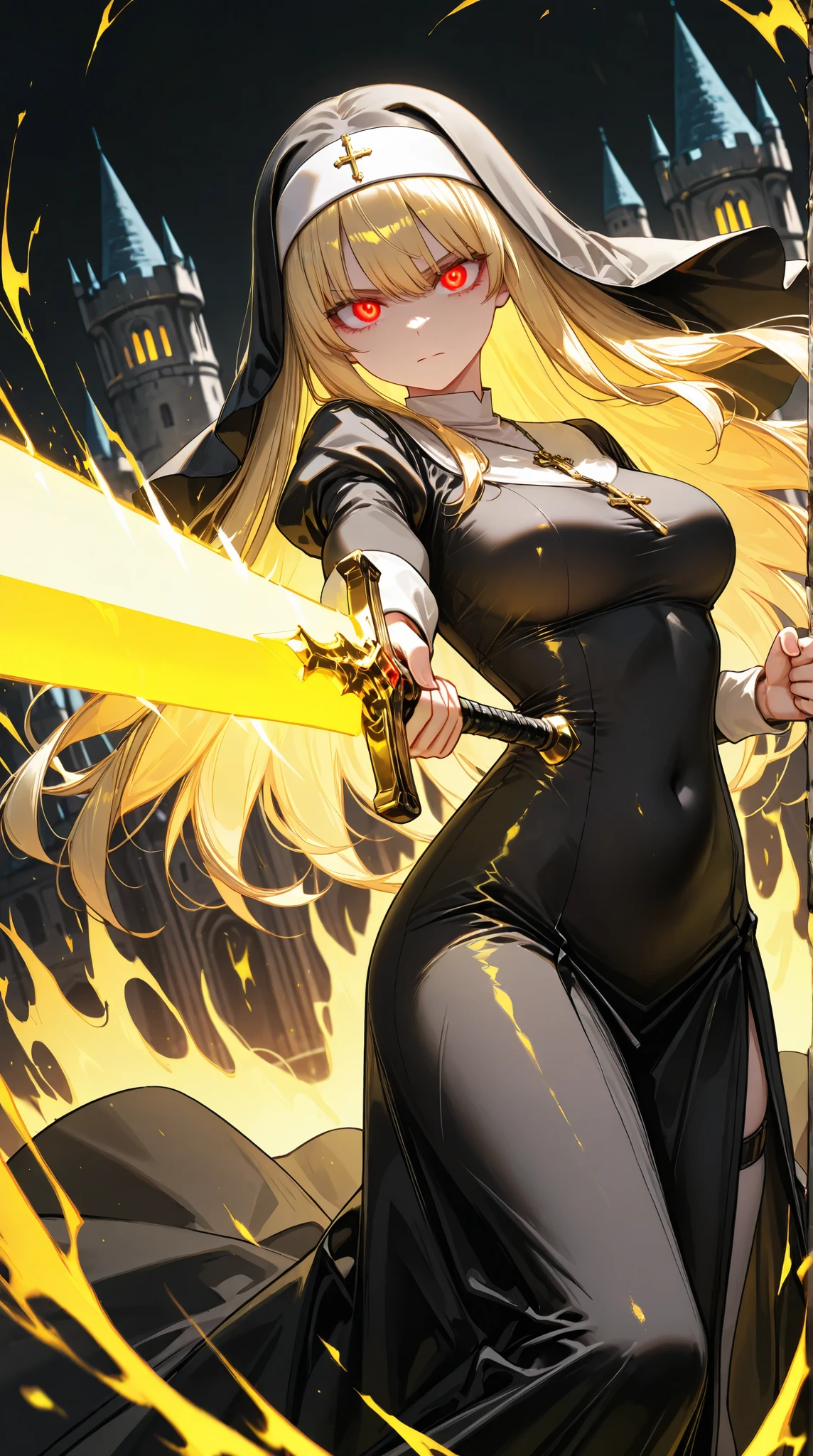 solo, 1girl, aiming a Longsword at viewer, (glowing yellow sword, aura:1.3), fighting stance,
BREAK 1girl, nun, long dress, (Matte black:1.3) dress, glowing red eyes, long blonde hair, serious,
BREAK night, dark background, castle,
BREAK diffraction spikes, depth of field, dynamic angle, (Luminescent sword effects:1.2), cinematic shadow,
BREAK 3D Model, (masterpiece, super fine illustration, highly detailed), best quality, expressive eyes, perfect face, perfect weapon,