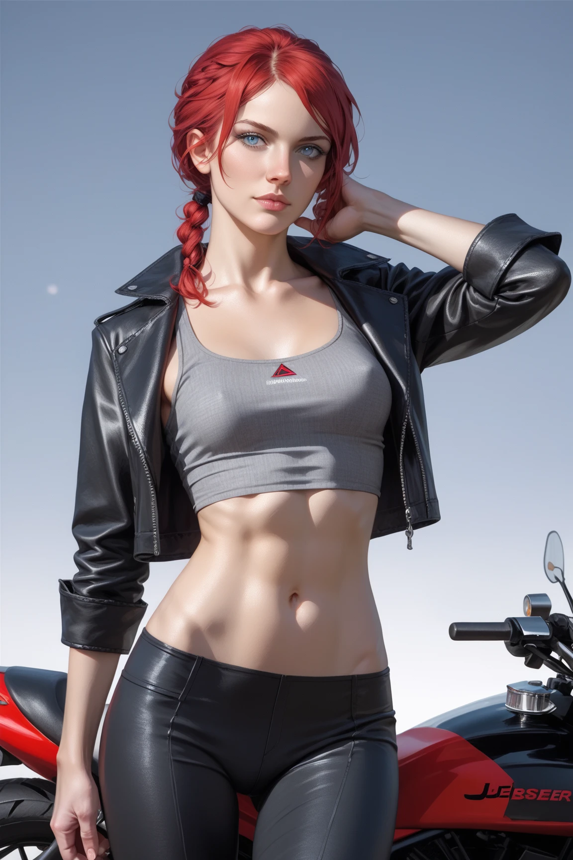 Masterpiece, (((full figure))) entire body in frame, (((magical lighting action shot))) (((beautiful slight smile anorexic pale goddess Irish woman))), (((white leather jacket wearing headphones, black leather pants))) , (((short redhead hair))) sunset lighting, golden hour, golden colors, very detailed, dramatic lighting, digital art trending on Artstation 8k HD high definition detailed realistic, detailed, skin texture, hyper detailed, realistic skin texture, armature, best quality, ultra high res, (photorealistic:1.4), high resolution, detailed, raw photo, sharp re, by lee jeffries nikon d850 film stock photograph 4 kodak portra 400 camera f1.6 lens rich colors hyper realistic lifelike texture dramatic lighting unrealengine trending on artstation cinestill 800, (((accurate female anatomy, perfect eyes)))