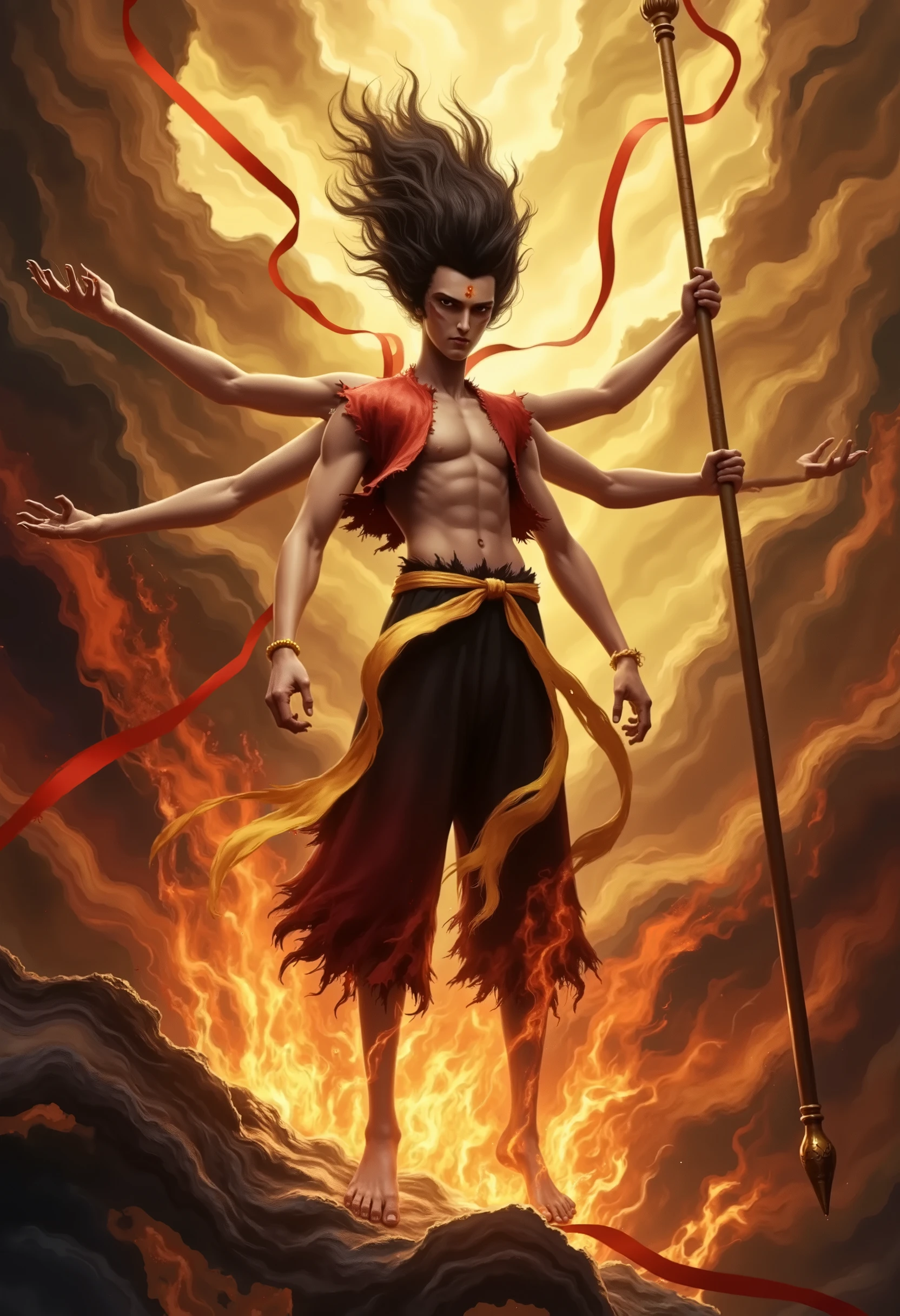 six-armed Nezha,A mystical male figure stands in the center of a swirling, chaotic landscape. With six ethereal arms, each extending gracefully, he exudes an aura of power and serenity. His long, flowing dark hair merges with the flames that engulf the surrounding space, creating a seamless connection between him and the fire. His eyes are closed, embodying a deep, meditative state, as if channeling ancient wisdom or cosmic energy.
He wears a tattered brown tunic that ends just above his knees, revealing loose black pants torn at the edges. A yellow sash, wrapped tightly around his waist, flows with the same energy as the flames, adding a contrasting burst of light to his earthy appearance. His bare feet rest upon a rocky, scorched ground, grounded yet light, connected to the chaos beneath. In his left hand, he holds a staff reaching upwards toward the sky, with a red ribbon unfurling from its tip, spiraling upward like a lifeline to the heavens.
The background pulses with an abstract fusion of dark browns, blacks, and golden tones, which flow and twist around the figure. The flames, painted in vivid oranges and yellows, seem to emanate from the ground, curling and rising with intense energy. This dynamic mix of light and shadow creates an ethereal atmosphere, where the lines between the physical and spiritual worlds blur. The chaos around him appears alive, filled with motion and heat, contrasting with his stillness at the center. This artwork conveys a sense of mystical power, as though the figure is both a guardian and a force of nature, meditating amidst the tumultuous energy of the world.