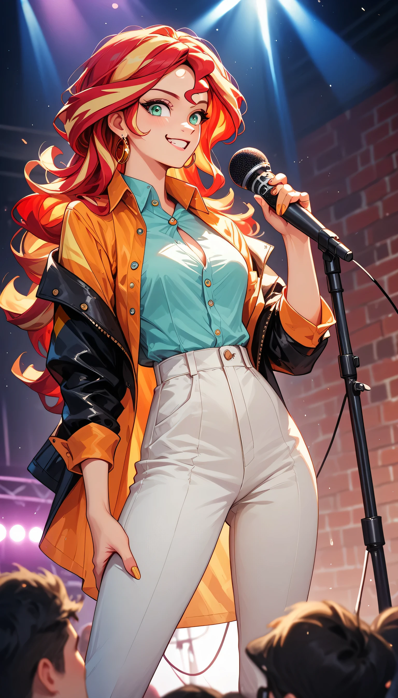 masterpiece, best quality, 8K wallpaper, HDR, octane rendering. A girl, sensualizing in the disco, sensual dynamic pose, wearing (buttoned white shirt), (open shirt: 1,2), (navel), (pleated black mini skirt), (fishnets), breaks in the disco with flash of colored lights , detailed landscape, the girl has (messy hair, bright light orange hair: 1.3), (beautiful and detailed face with perfect symmetry), (beautiful and detailed green eyes), (red lips, smile, teeth: 1.2 ), (body with perfect anatomy, perfect natural texture, high details, glowing skin) cinematic lighting, vivid colors, detailed illustration, depth of field