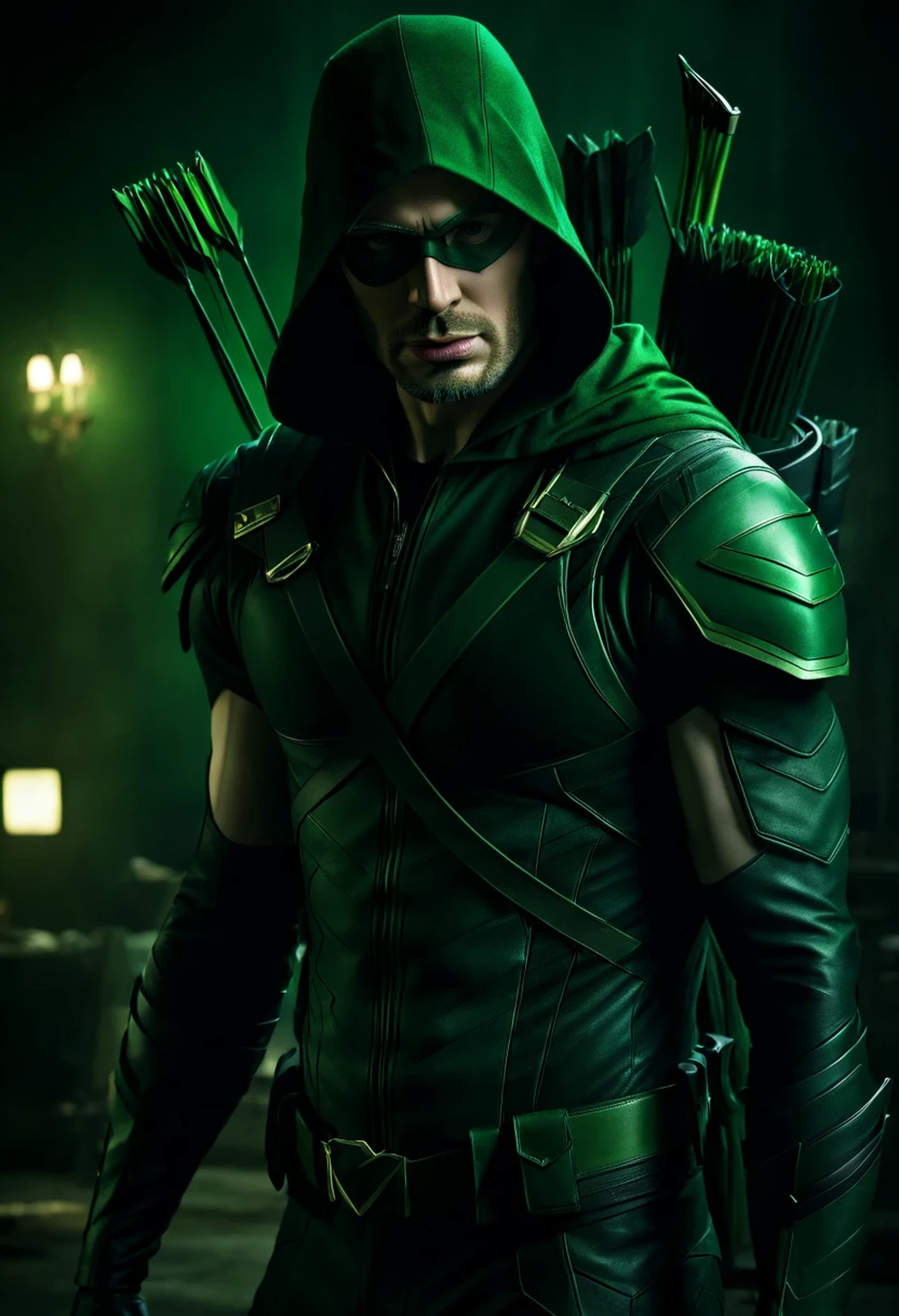 cinematic image of chris evans as Green Arrow live action