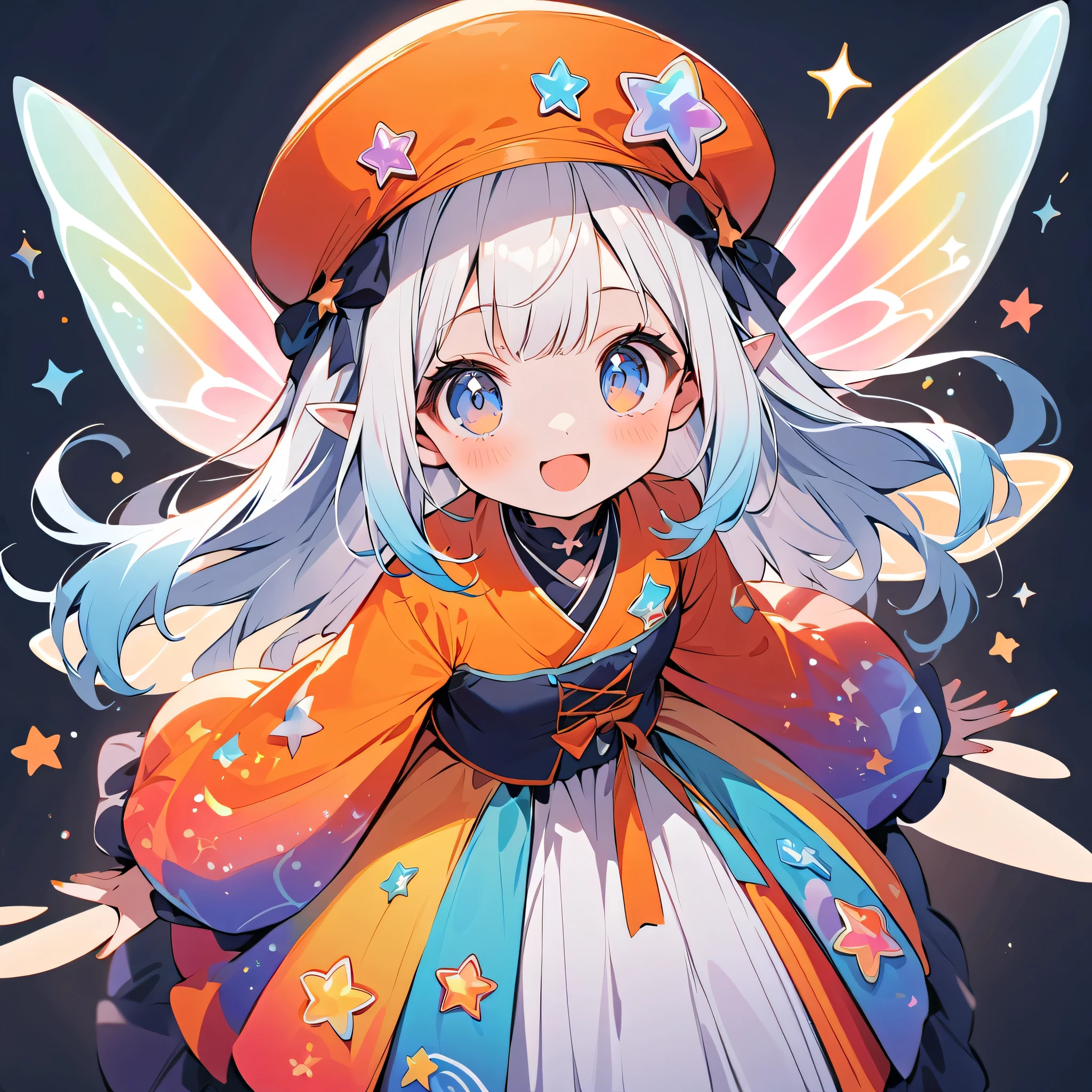 girl, blinking, best quality, milky white and blue gradient hair color, colorful and cute gothic kimono costume, star fairy, little fairy feathers growing from above waist, simple background, orange and navy blue color palette, casquette hat with rainbow motif, translucent small multicolored fairy wings