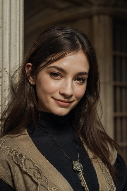 “Un portrait détaillé en gros plan d’une jeune fille de 20 ans, aux cheveux bruns. Elle a un visage radieux avec des traits délicats et expressifs, ses yeux bruns pétillants, ses lèvres légèrement souriantes et son teint clair. Les cheveux bruns, soyeux et légèrement ondulés, encadrent son visage avec douceur. Le fond est flou pour mettre en valeur les détails et l’expression de son visage.”