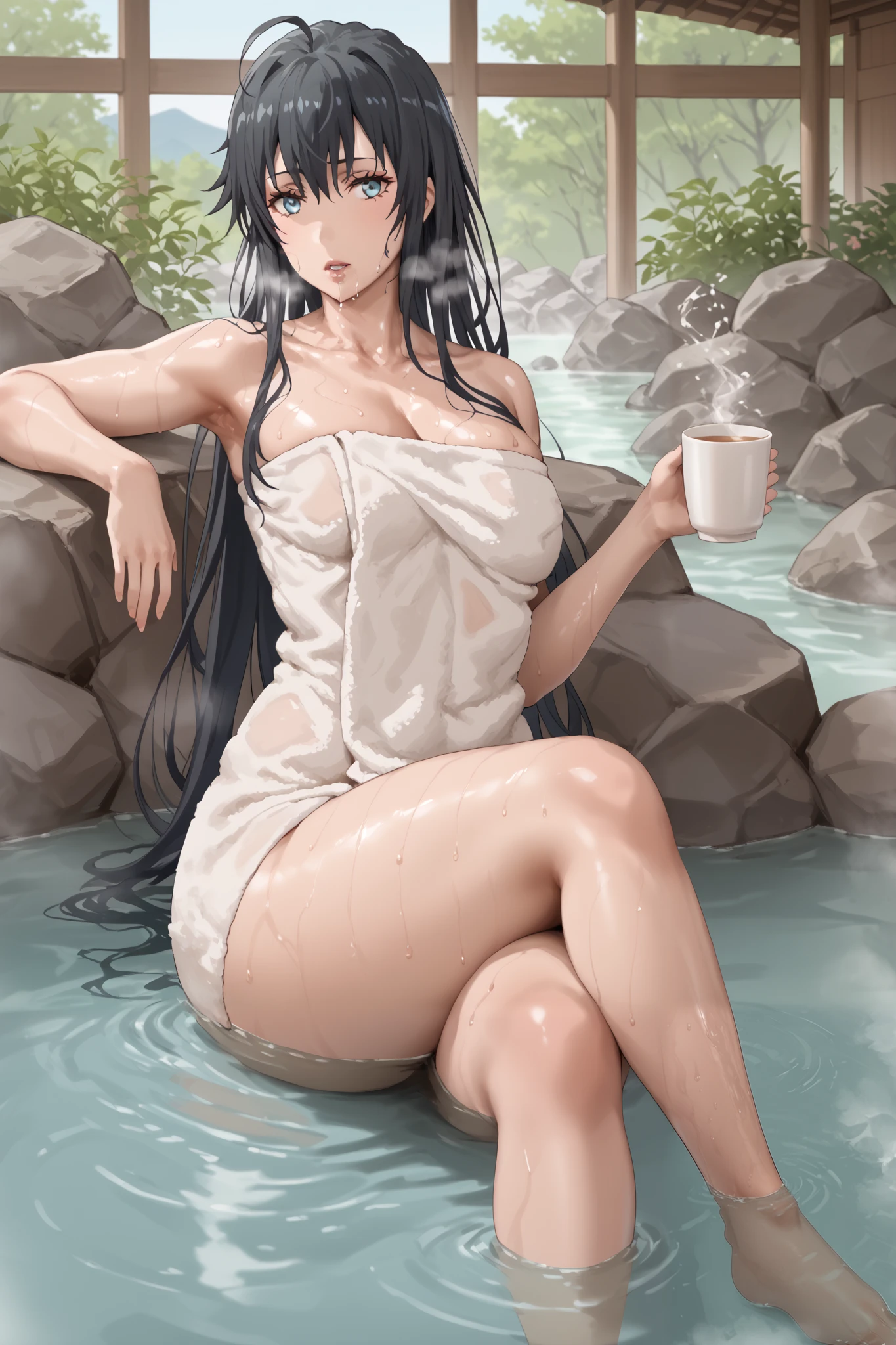 (neisan style:0.8), score_9, score_8_up, score_7_up, score_6_up, uncensored, yukino yukinoshita, black hair, blue eyes, long hair, ahoge, (small breasts:1.2), bright pupils, anime coloring, anime screencap, large breasts, (voluptuous:1.3), (thick:1.3), BREAK UHD, retina, masterpiece, accurate, anatomically correct, textured skin, super detail, high details, high quality, award winning, best quality, highres, 4K, excessive sweating, sweating, sweating drop, (gasping, heavy breathing:1.3), (skindentation:1.2), perfect eyes, beautiful eyes, eyelashes, makeup, detailed body, perfect body, BREAK, breasts, naked_towel, towel, crossed_legs, cup, looking_at_viewer, cleavage, sitting, thighs, onsen, water, choko_(cup), parted_lips, holding, partially_submerged, tokkuri, ass, bare_shoulders, holding cup, lips, 1girl, solo_focus, collarbone, bathing, drooling