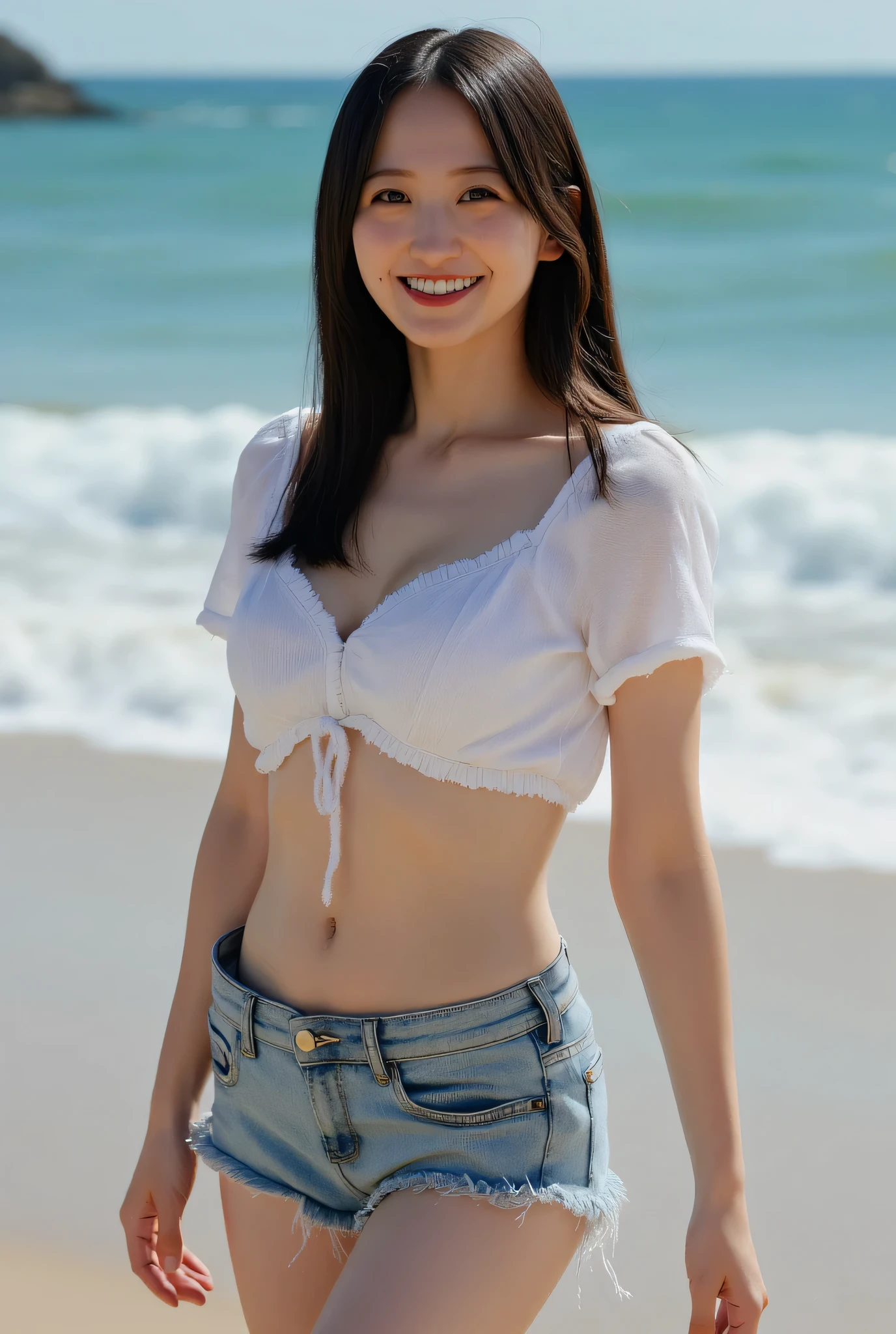 ( Masterpiece, high quality, Hi-Res, realistic pictures, photography), 」Beautiful Viking Woman with Big Breasts , age between 20 and 22 , Yan Photo , The bright-eyed , beautiful breasts, Beautiful and Delicate Face , cute smile , Beautiful ass , beautiful legs , great detail of her body and face in a sensual and erotic pose. And for the environment . A beautiful woman with very big breasts , red lips, 長く緩い髪, sensual. Beautiful Asian Woman Wearing Denim Shorts and a White Short Shirt at the Beach.