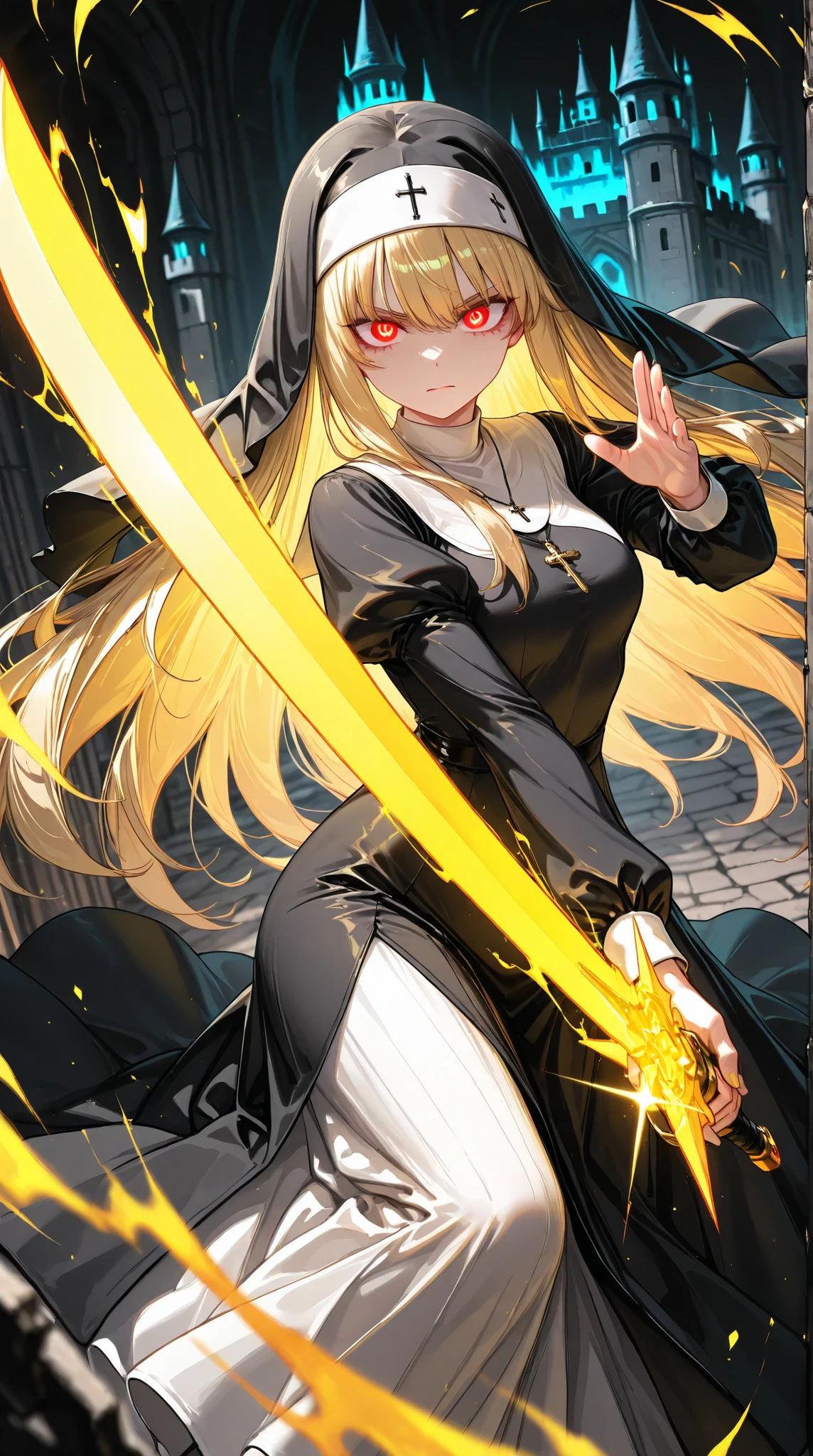 solo, 1girl, aiming a Longsword at viewer, (glowing yellow sword, aura:1.3), fighting stance,
BREAK 1girl, nun, long dress, (Matte black:1.3) dress, glowing red eyes, long blonde hair, serious,
BREAK night, dark background, castle,
BREAK diffraction spikes, depth of field, dynamic angle, (Luminescent sword effects:1.2), cinematic shadow,
BREAK 3D Model, (masterpiece, super fine illustration, highly detailed), best quality, expressive eyes, perfect face, perfect weapon,