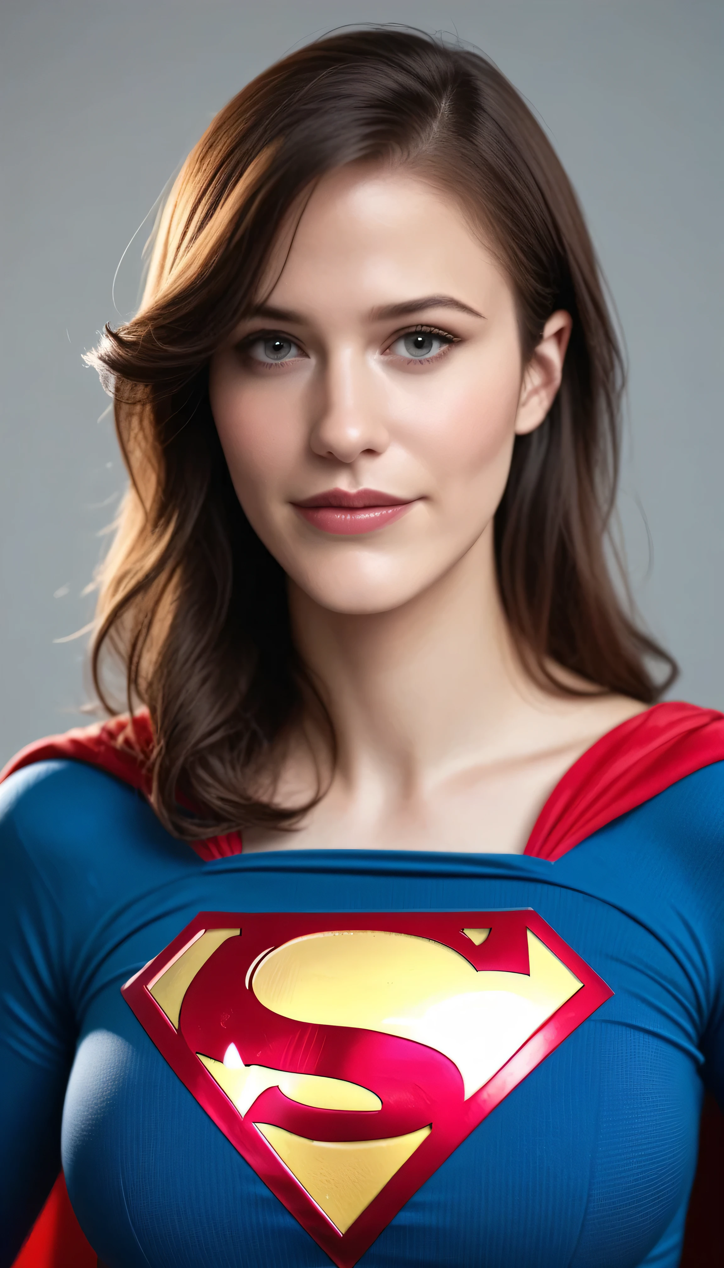 beautiful woman with large breasts, long dark brown hair, wearing supergirl costume, half body portrait, realistic photo