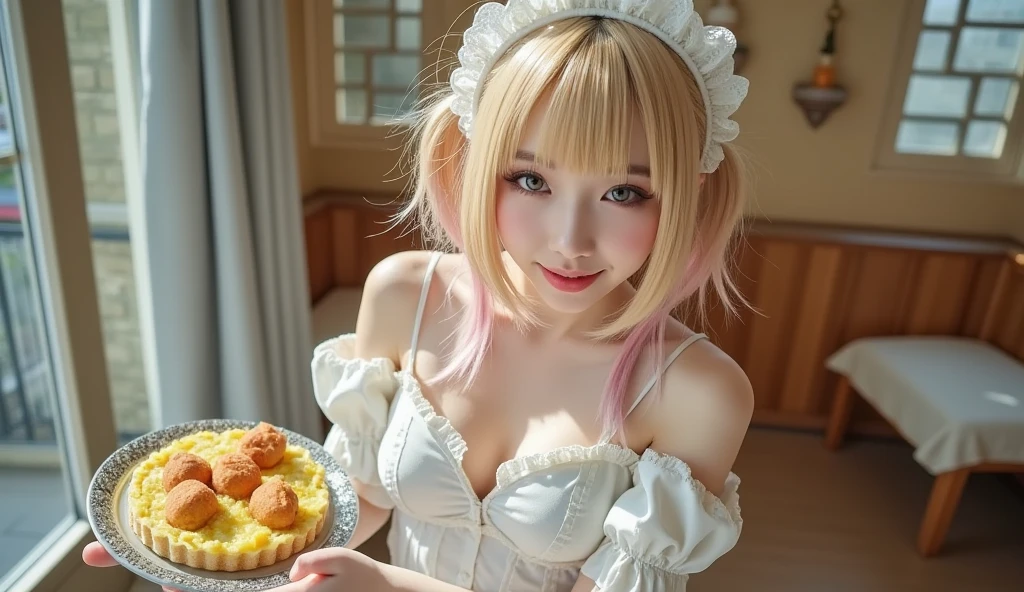 (8K, top-quality, masterpiece:1,2), (reallistic, Photorealsitic:1.37), Super Detail, One girl,), (Highly detailed), (beautifully detailed eyes), (of the highest quality), (super detailed ), (masterpiece), (Detailed face),20yr old, ,1 girl, full body, pink hair,Very short hair, medium breasts, clothed, Perfect Lighting, Subject framing: Emphasize the upper body, showcasing the details of a sexy black maid outfit.
Attire: Sexy black maid outfit with lace details, complemented by black tights.
Expression: Capture a sweet smile, graceful gestures, and a slightly playful gaze.
Accessories: Maid headband adorned with ribbons and lace.
Pose: Pose with a light step forward, holding a small tray in hand.
Background: Set in a classical and elegant room or garden, creating a maid-like ambiance.