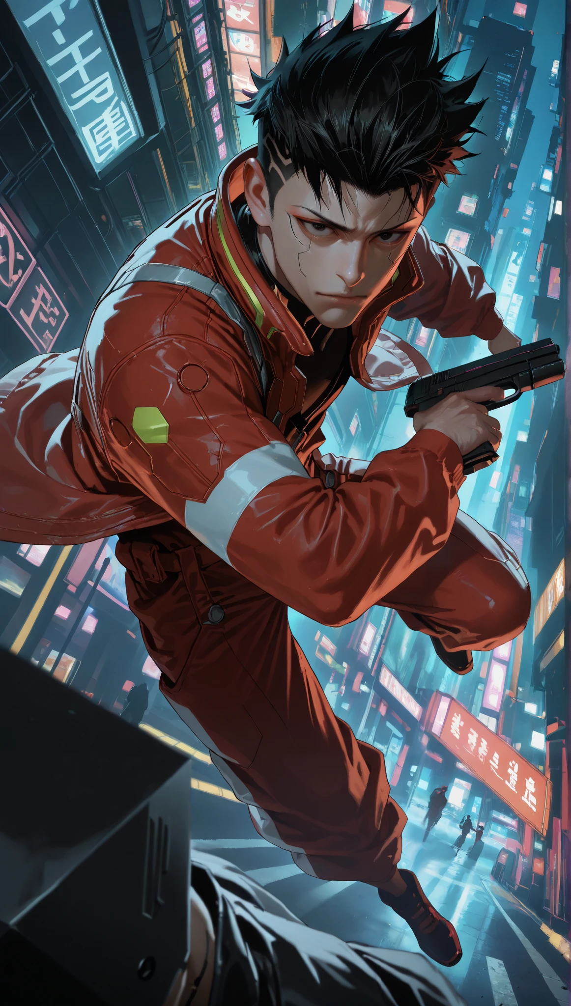 very aesthetic, 걸작, 고해상도, 8k 해상도, high contrast, semrealistic, newest, koreanai, best_quality, finely_detailed_eyes_and_detailed_face, (1 male), cyberpunk, edgerunners, cyberware, black_eyes, black_hair, (under_cut), (masculine), red_jumpsuit, long_sleeves, looking at viewer, (night street, battle, dynamic_angle), , holding_handgun