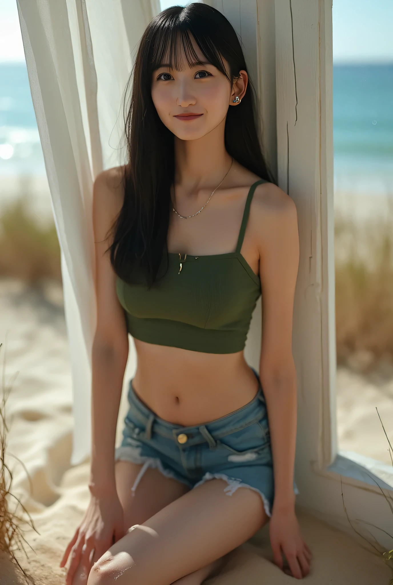 Best quality, 8K, masterpiece,, super high resolution, (photorealistic:1.4), original photo, 1 girl, bangs:1.4, long black hair, shy smile, 1 girl,, slim abs:1.1, dark brown hair, thin necklace for little one, earrings for one woman, (kneeling on floor, legs spread:1.2), ((ivy green cropped tank top, distressed denim shorts, beach, navel baring, full body, standing, beautiful breasts, nipples)), highly detailed face, highly detailed lips, detailed eyes, double eyelids,