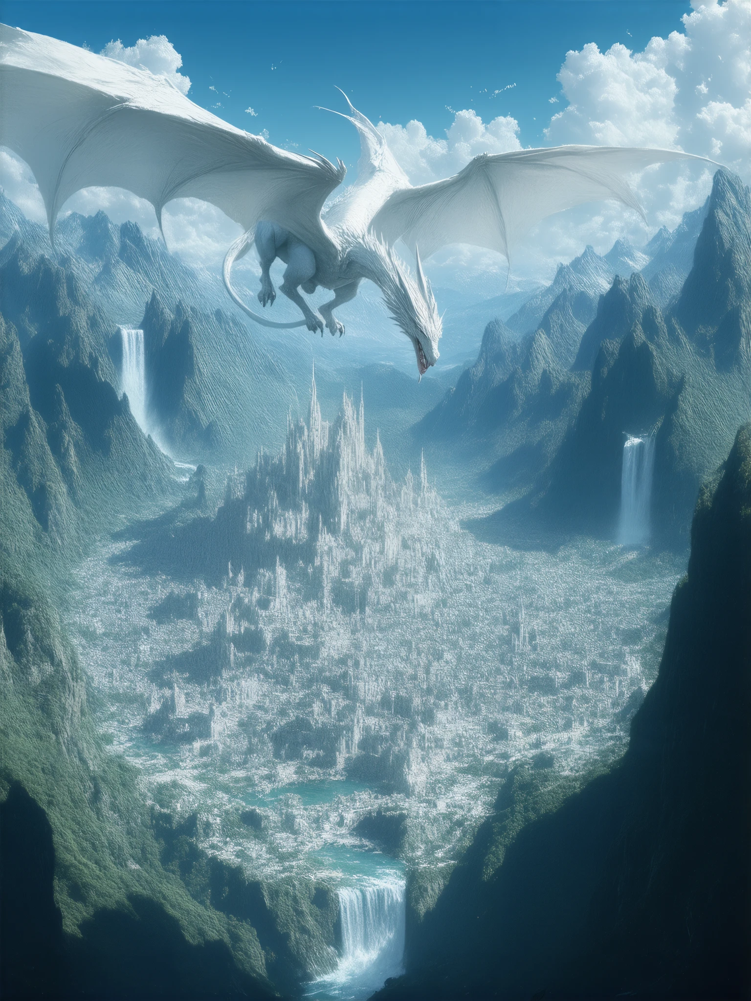(8k, top quality, Masterpiece , Final fantasy Style: 1.2),Atmospheric perspective, 8k, Very detailed, Accurate, Highest quality, masterpiece, Very detailed,Sharp focus, High resolution, , Amano Yoshitaka's Masterpieces, is expressed in every detail, the citadel city built in the valley 、 the intense light blue mountain stream flow 、 Chalk Palace 、 Gothic Buildings 、A majestic fortified city decorated with marble、the large waterfall that flows down the warning 、The church is in the center of the city 、 the ramparts surrounding the city 、 fantasy、Clear Sky、white dragon dances in the sky