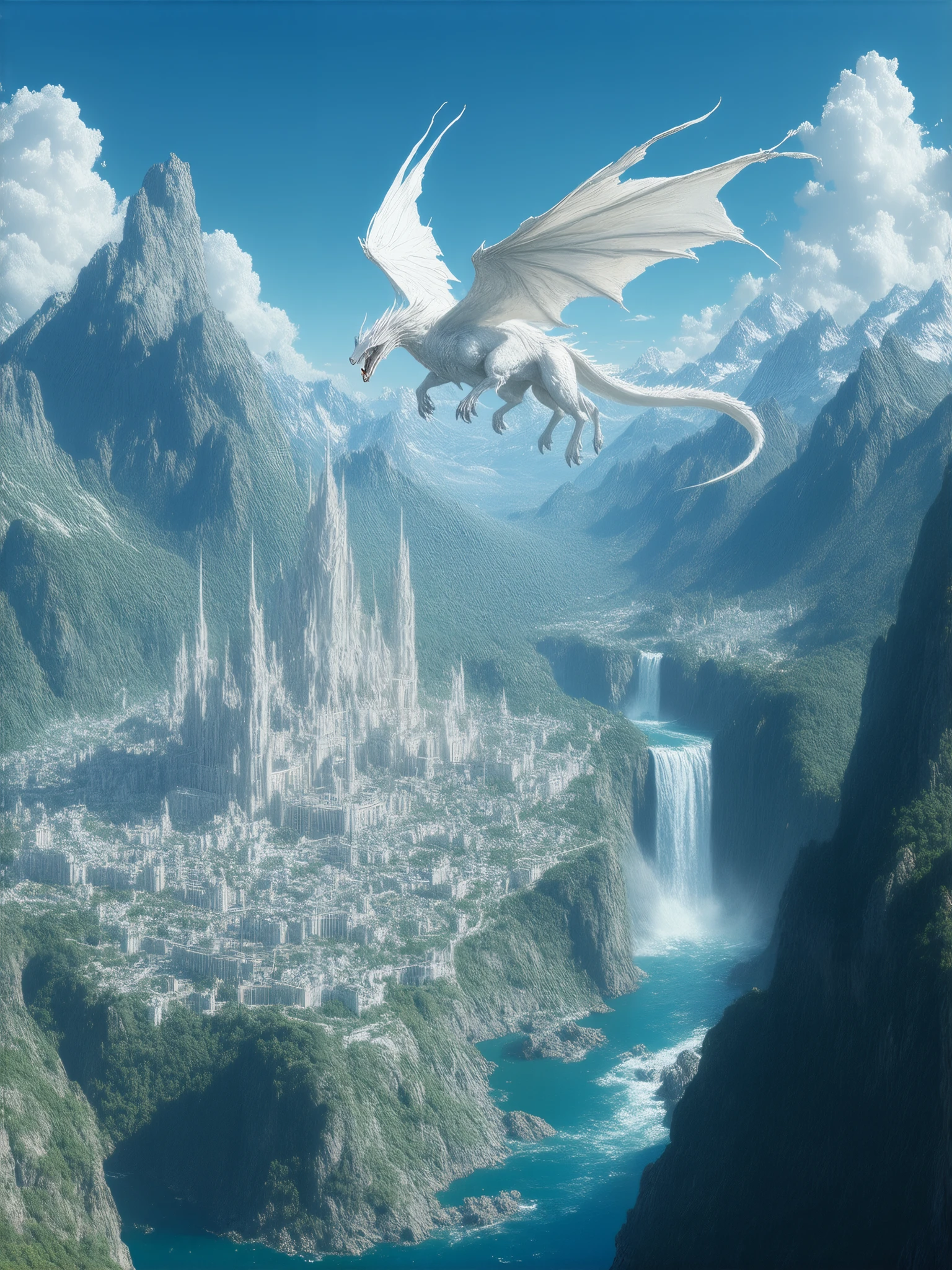 (8k, top quality, Masterpiece , Final fantasy Style: 1.2),Atmospheric perspective, 8k, Very detailed, Accurate, Highest quality, masterpiece, Very detailed,Sharp focus, High resolution, , Amano Yoshitaka's Masterpieces, is expressed in every detail, the citadel city built in the valley 、 the intense light blue mountain stream flow 、 Chalk Palace 、 Gothic Buildings 、A majestic fortified city decorated with marble、the large waterfall that flows down the warning 、The church is in the center of the city 、 the ramparts surrounding the city 、 fantasy、Clear Sky、white dragon dances in the sky
