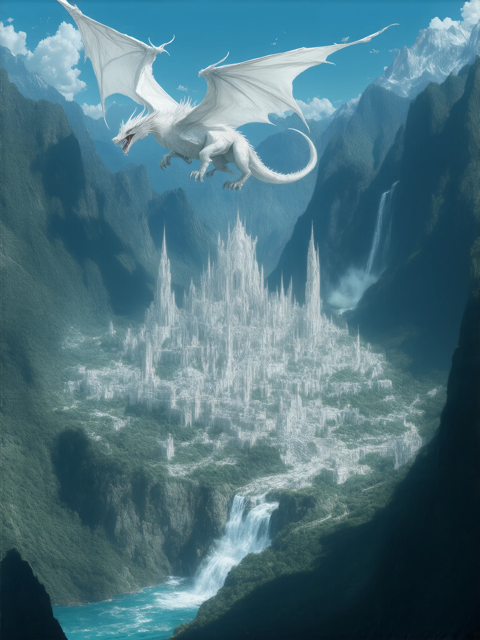 (8k, top quality, Masterpiece , Final  fantasy Style: 1.2),Atmospheric perspective, 8k, Very detailed, Accurate, Highest quality, masterpiece, Very detailed,Sharp focus, High resolution, ,  Amano Yoshitaka's Masterpieces,  is expressed in every detail,  the citadel city built in the valley 、 the intense light blue mountain stream flow 、 Chalk Palace 、 Gothic Buildings 、A majestic fortified city decorated with marble、the large waterfall that flows down the warning 、The church is in the center of the city 、 the ramparts surrounding the city 、  fantasy、Clear Sky、white dragon dances in the sky