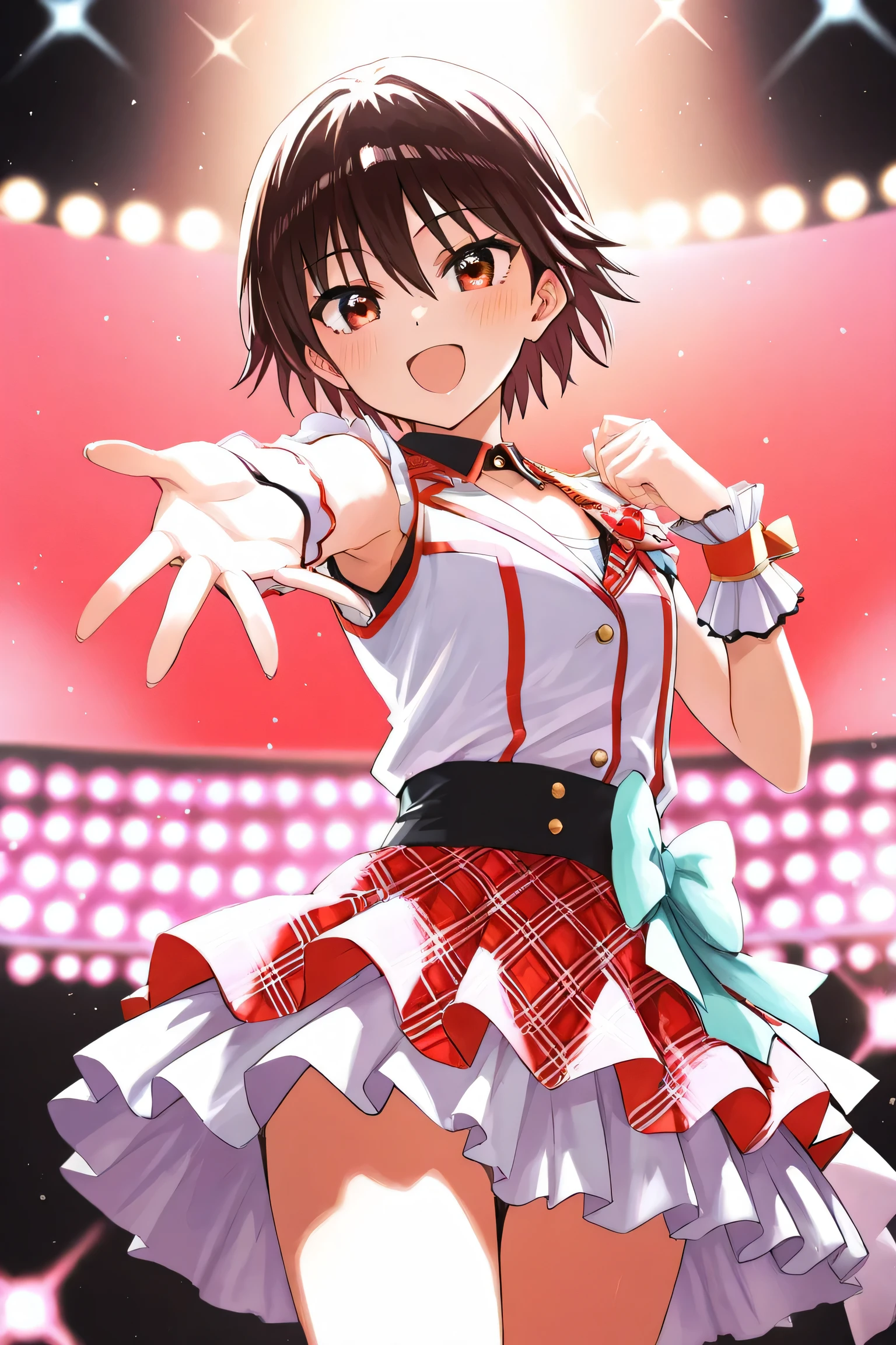 CG, Unity, 8k, wallpaper, highest quality, masterpiece, One girl, Cheerful girl, 17 years old, haruka amami, sing, Please open your mouth wide, Idol Pose, (Bright smile: 1.2), Small symmetrical ribbons on either side of the head, Best lighting, Complex pupil, Complex weaving, On the shining stage, She is the best idol