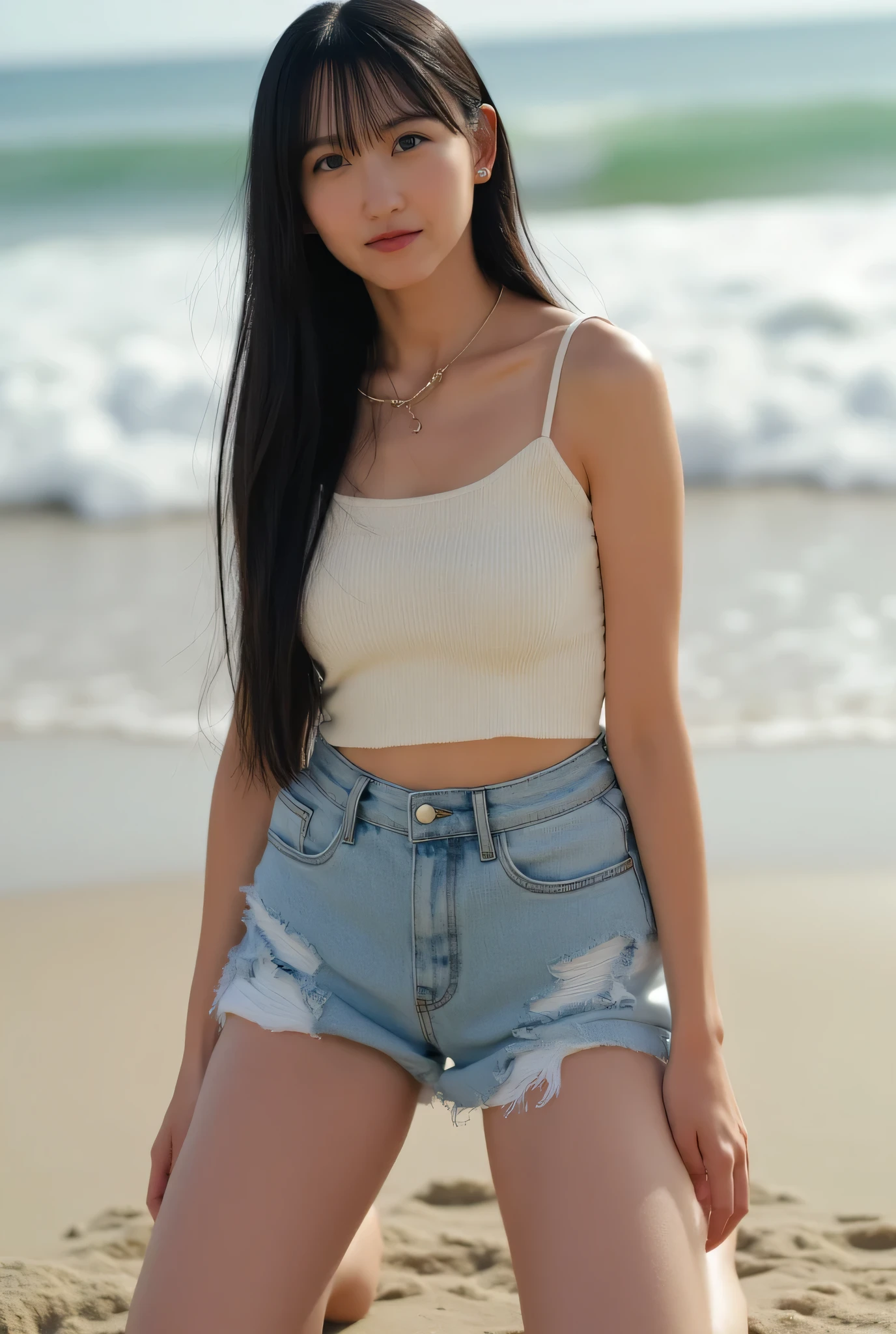 Best quality, 8K, masterpiece,, super high resolution, (photorealistic:1.4), original photo, 1 girl, bangs:1.4, long black hair, shy smile, 1 girl,, slim abs:1.1, dark brown hair, thin necklace for little one, earrings for one woman, (((kneeling on the beach, legs apart:1.2))), ((ivory white cropped tank top, distressed denim shorts, beach, navel exposed, full body, standing, beautiful breasts, nipples)), navel visible, highly detailed face, highly detailed lips, detailed eyes, double eyelids,
