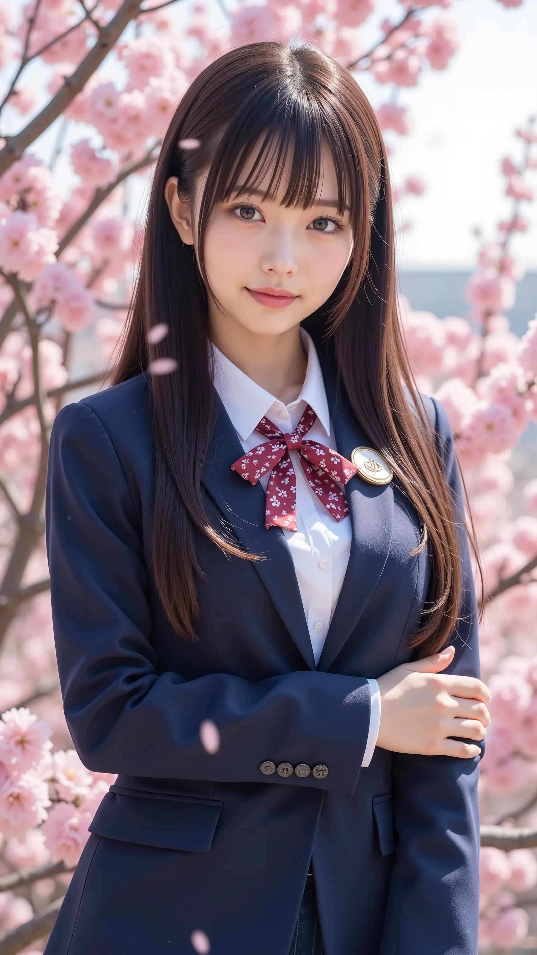 nsfw, Korean Idols, Nogizaka idol,actress, gravure idol, Graduation Ceremony、 high school girl、uniform 、 Navy Blue Blazer 、 cherry blossoms in full bloom、Cherry Blossom Confetti 、 Expiration Ratio、 cute、(( 18 year old woman:1.ung cute Japanese face , Official Art,Highly detailed CG Unity 8k wallpaper,( masterpiece:1.0),( top quality:1.0), 超Aの Hi-Res,4K, very detailed, photography, 8k, Hi-Res, Kodak Portrait 400, Film Grain, Lens Flare Glow, portrait shot of him straddling a dolphin's back, ,8k、 Show Viewer